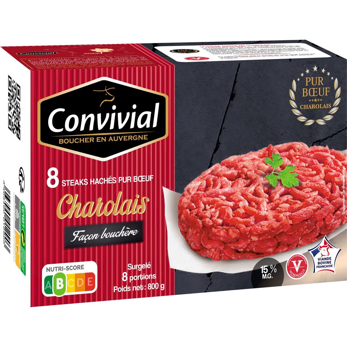 CONVIVIAL Steak haché Charolais 15%MG façon bouchère 8 steaks 800G