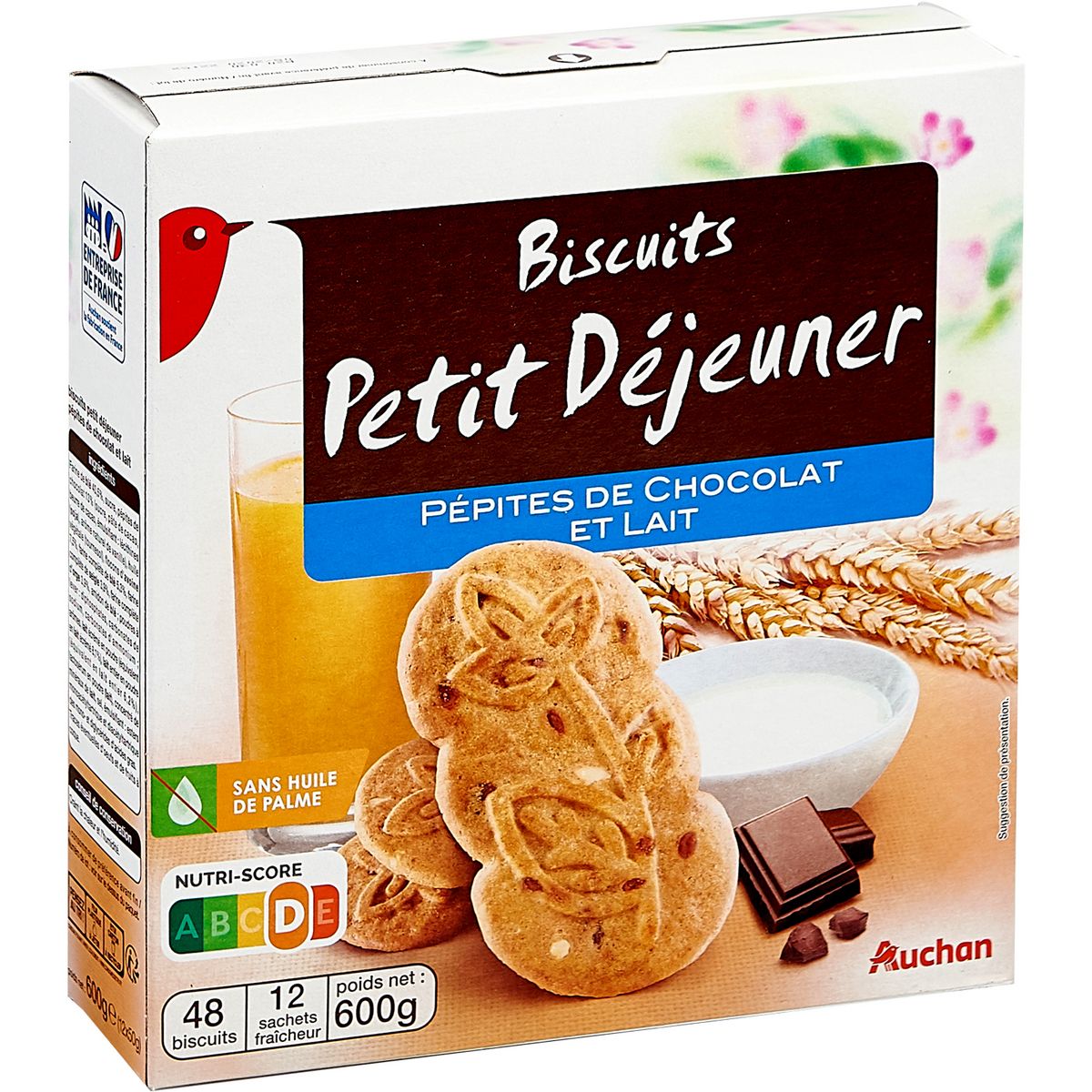 AUCHAN Biscuits petit-déjeuner aux pépites de chocolat et lait, sachets fraîcheur 12x4 biscuits 600g