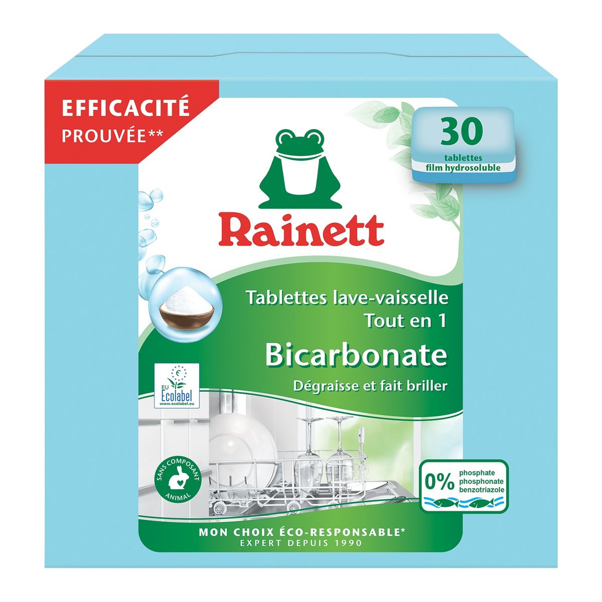 RAINETT Tablettes lave-vaisselle écologique au bicarbonate 30 lavages 30 tablettes