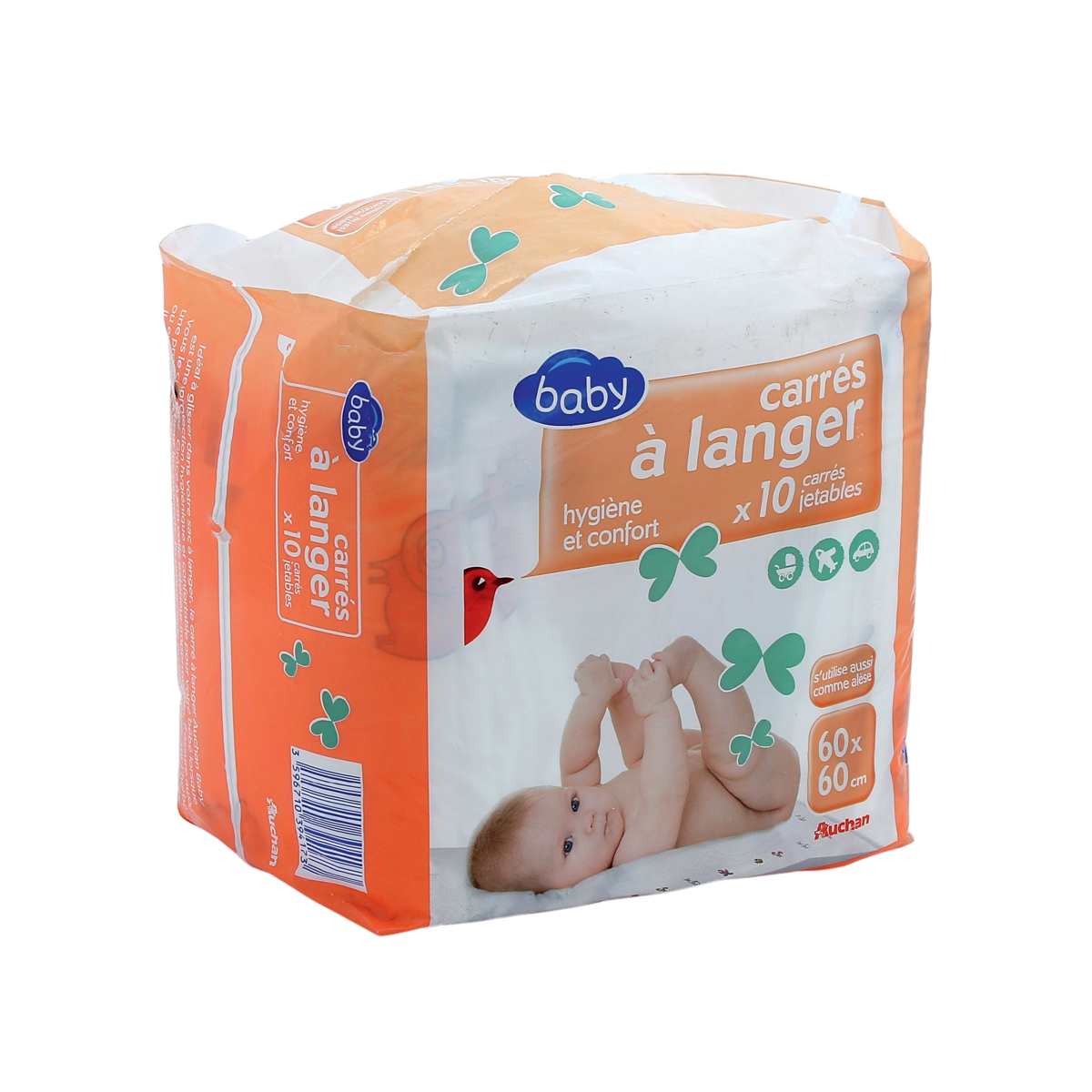 AUCHAN BABY Carrés à langer jetables 60x60cm 10 carrés pas cher