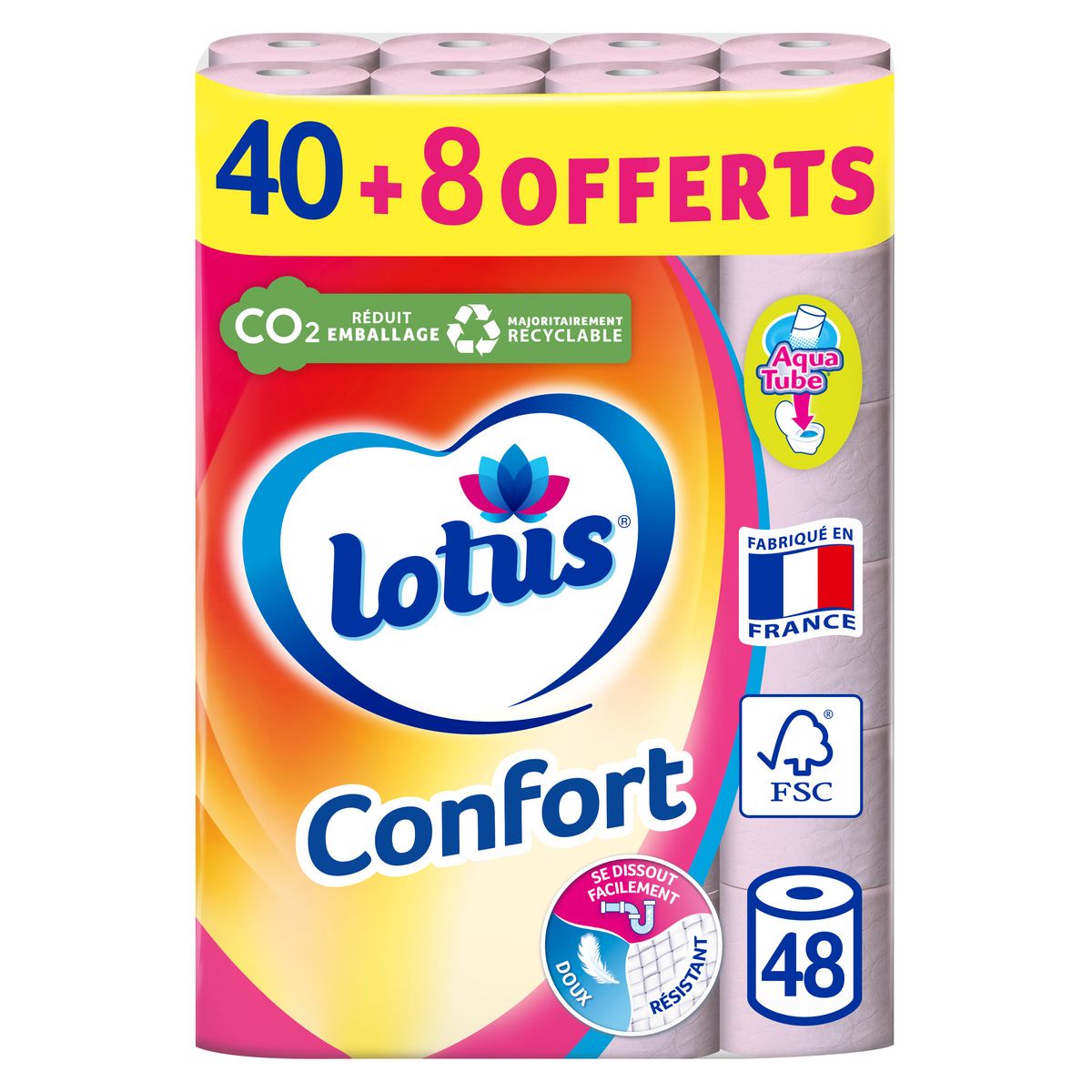 LOTUS Confort rouleaux papiers toilettes aqua tube 40+8 offerts 48 rouleaux