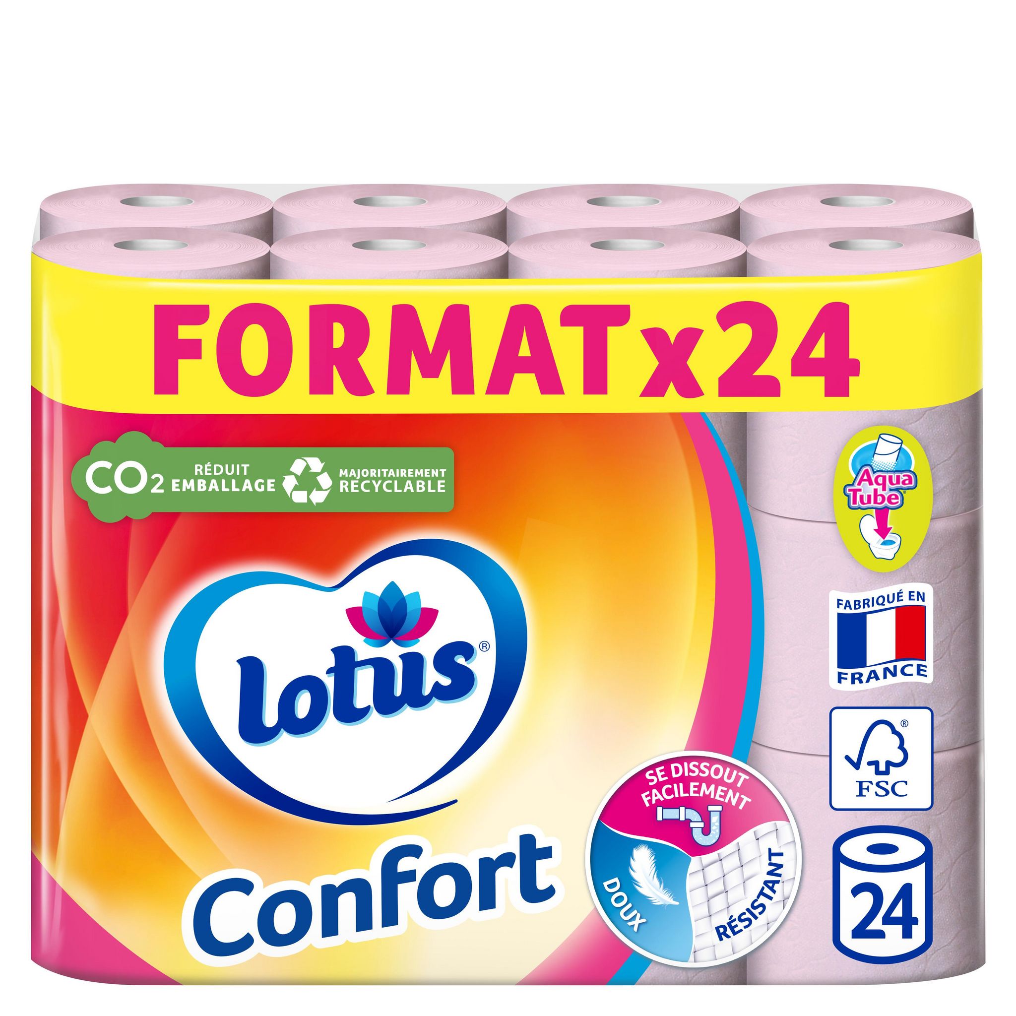 Pack de 64 rouleaux de papier toilette Confort Lotus –