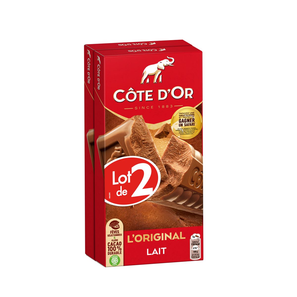 COTE D'OR L'Original tablettes de chocolat au lait 2 pièces 2x200g pas cher  