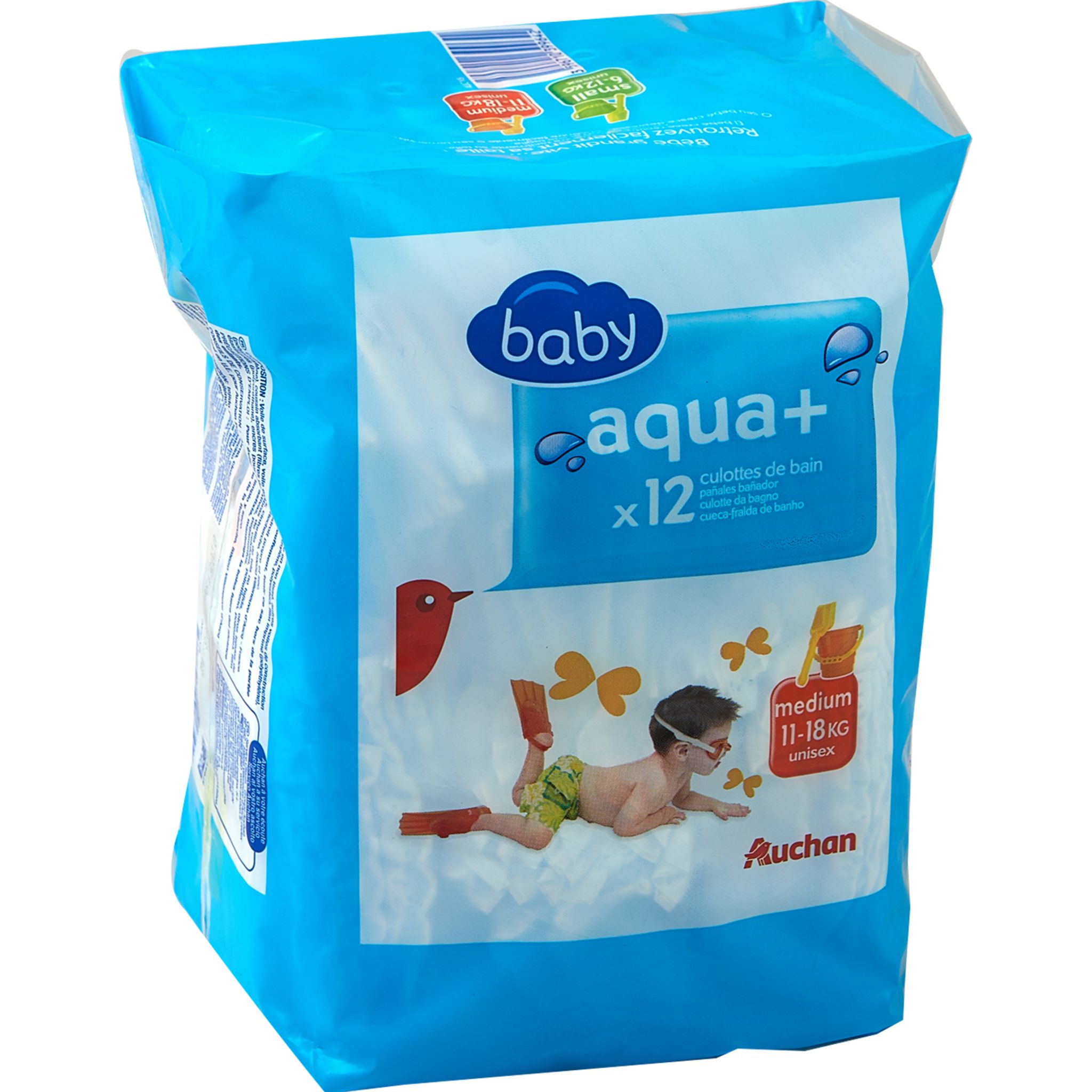 AUCHAN BABY Aqua + couches-culottes de bain taille M (11-18kg) 12 couches  pas cher 