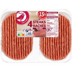 AUCHAN Steaks Hachés Pur Boeuf 15% mg 4 pièces 400g