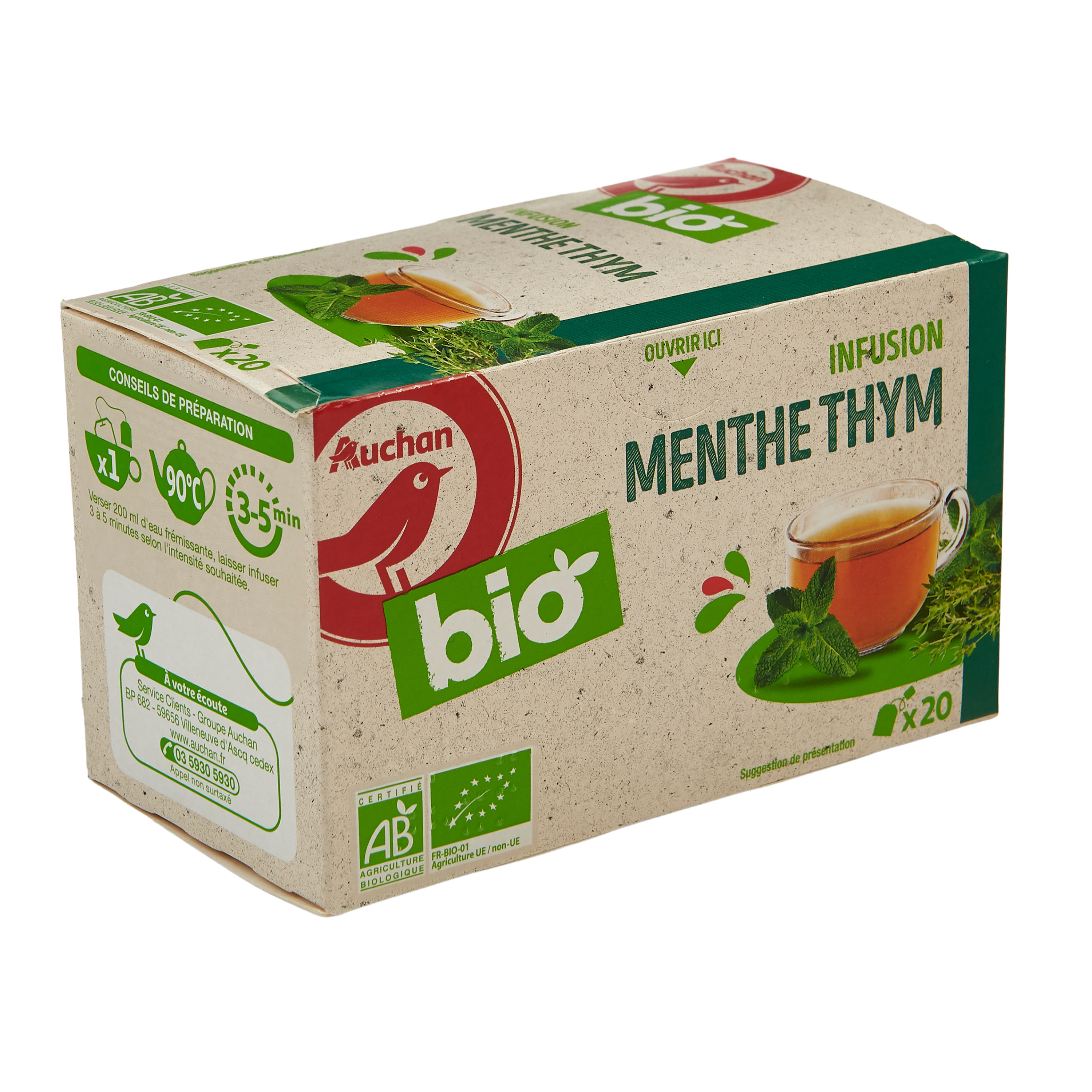 AUCHAN BIO Infusion au thé vert verveine et menthe poivrée 20