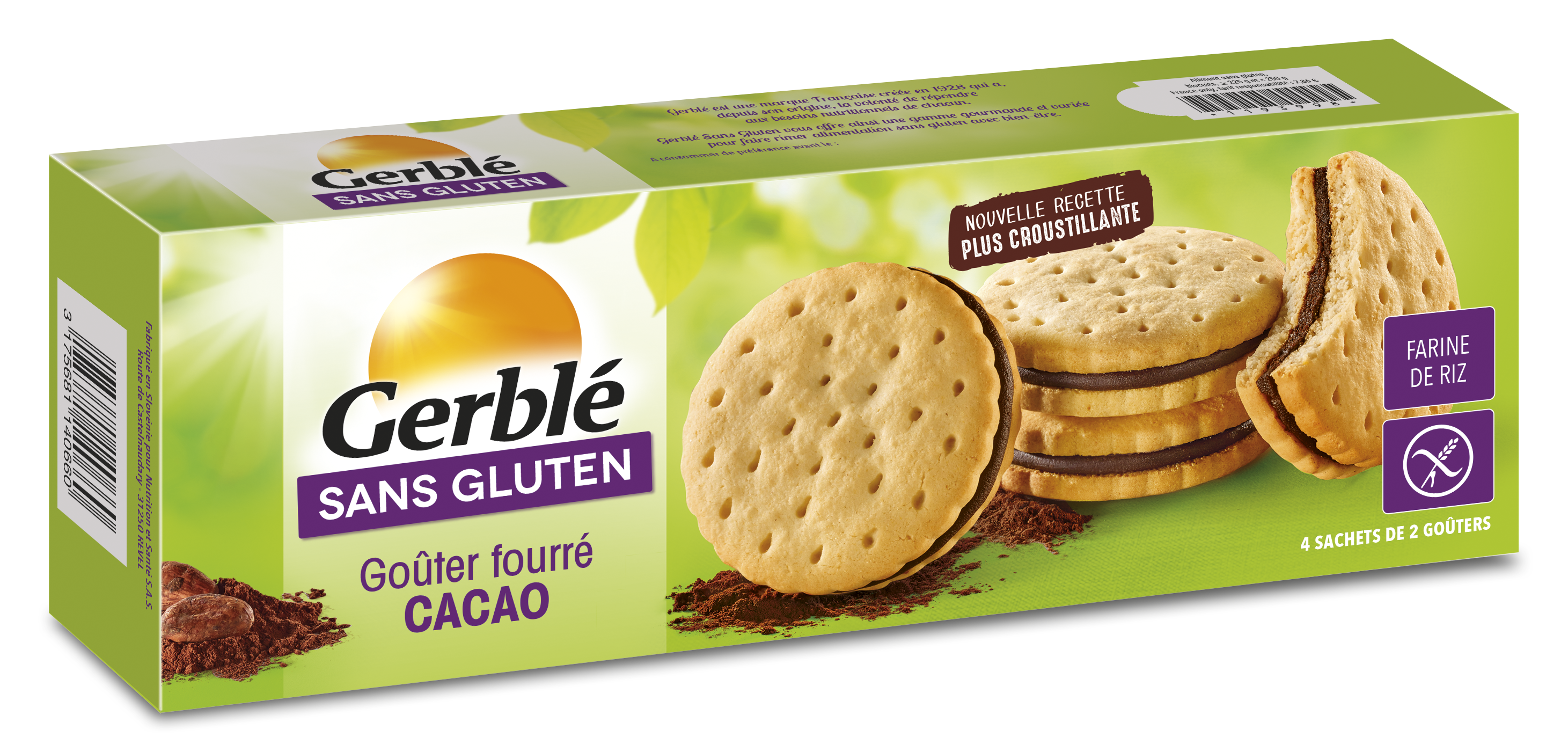 GERBLE Biscuits goûter fourré cacao sans gluten 8 biscuits 225g