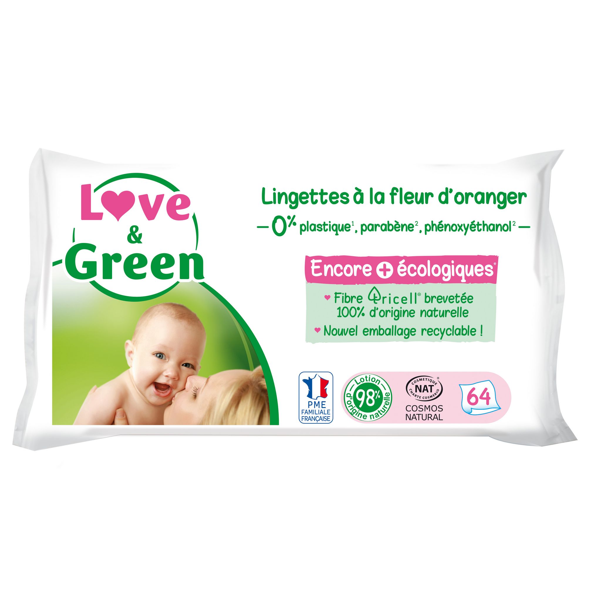 Love & Green Lingettes à la Fleur d'Oranger Saines et Ecologiques - Paquet  de 64 Lingettes - Certifiée Cosmo Natural par ECOCERT et FSC - Emballage