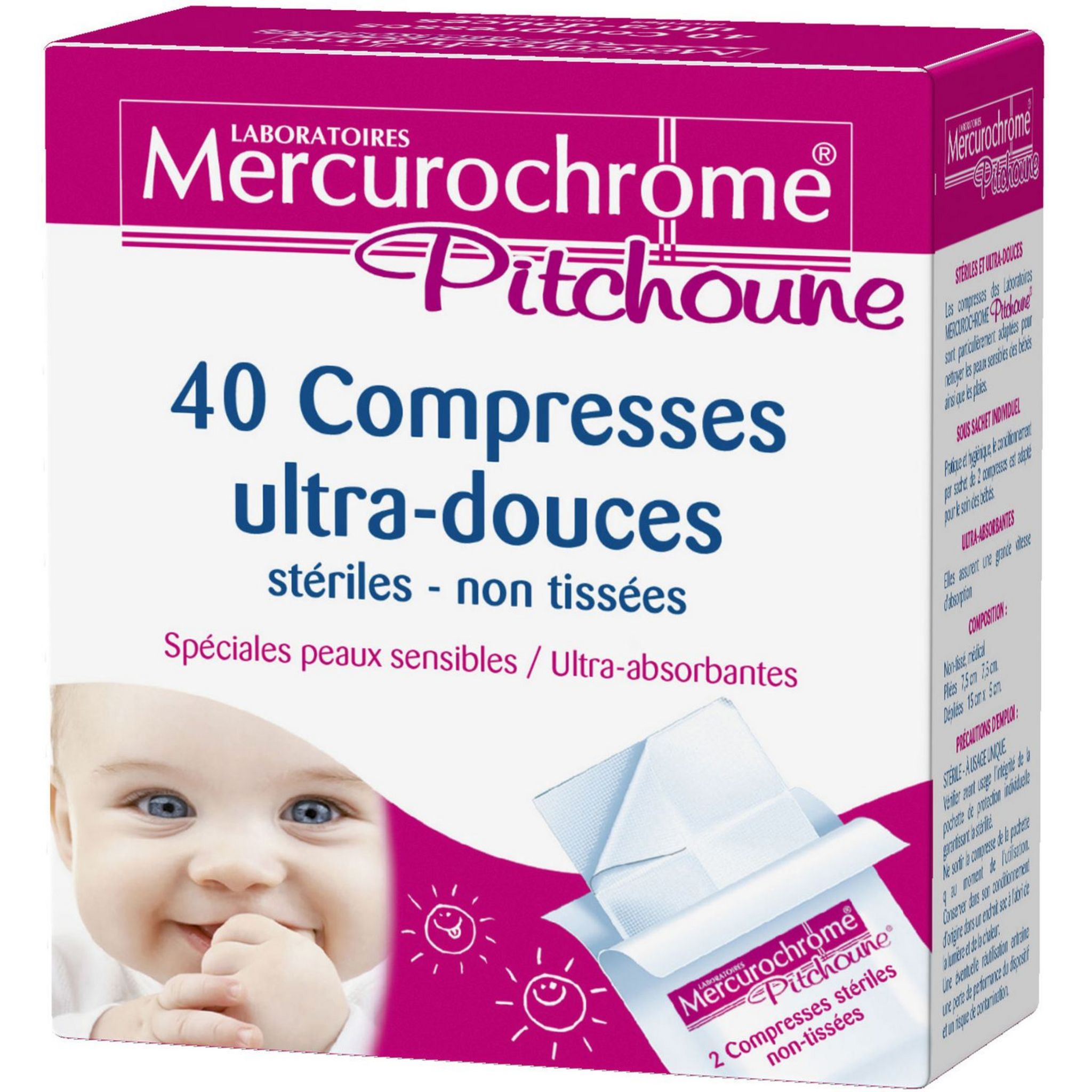 MERCUROCHROME Pitchoune compresses stériles ultra-douces 40 compresses pas  cher 
