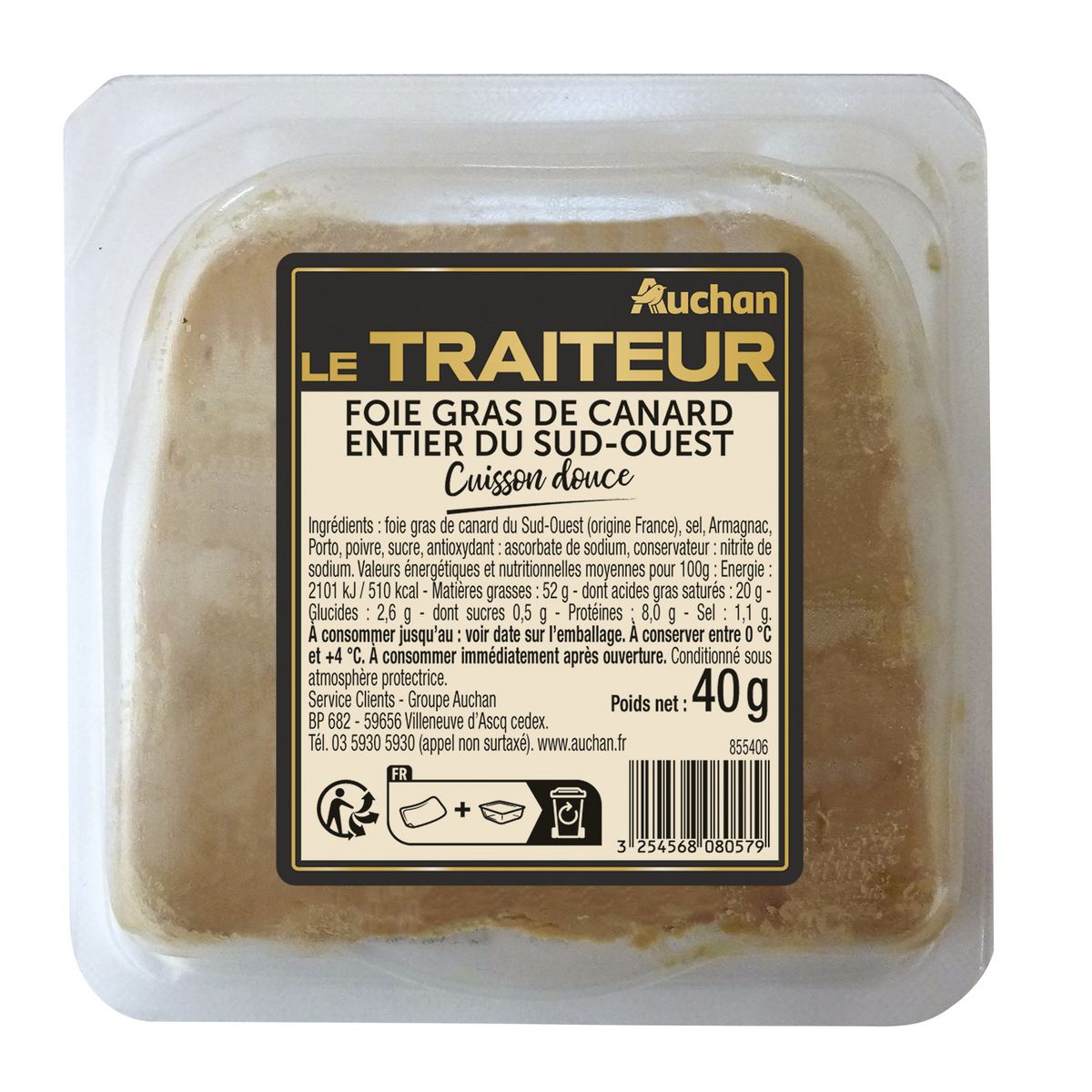 AUCHAN LE TRAITEUR Foie gras entier de canard du Sud-Ouest 1 pièce 40g