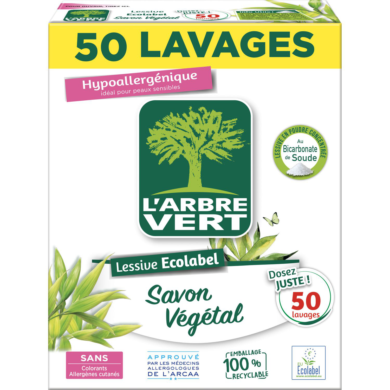 L'ARBRE VERT Lessive poudre au savon végétal 50 lavages 2,5kg pas