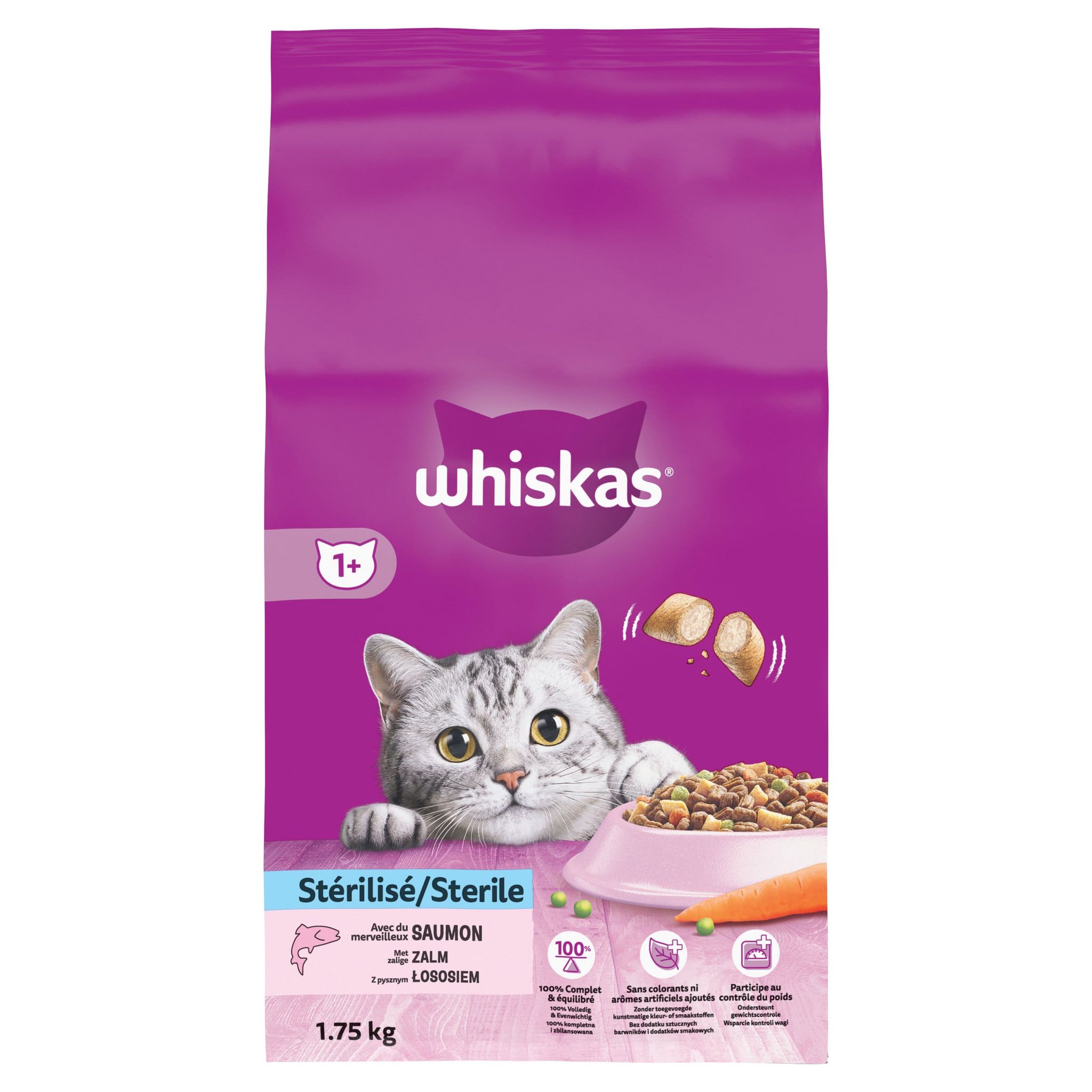 Whiskas 1+ pour Chats Adultes Stérilisés 1+ Poulet ou Saumon