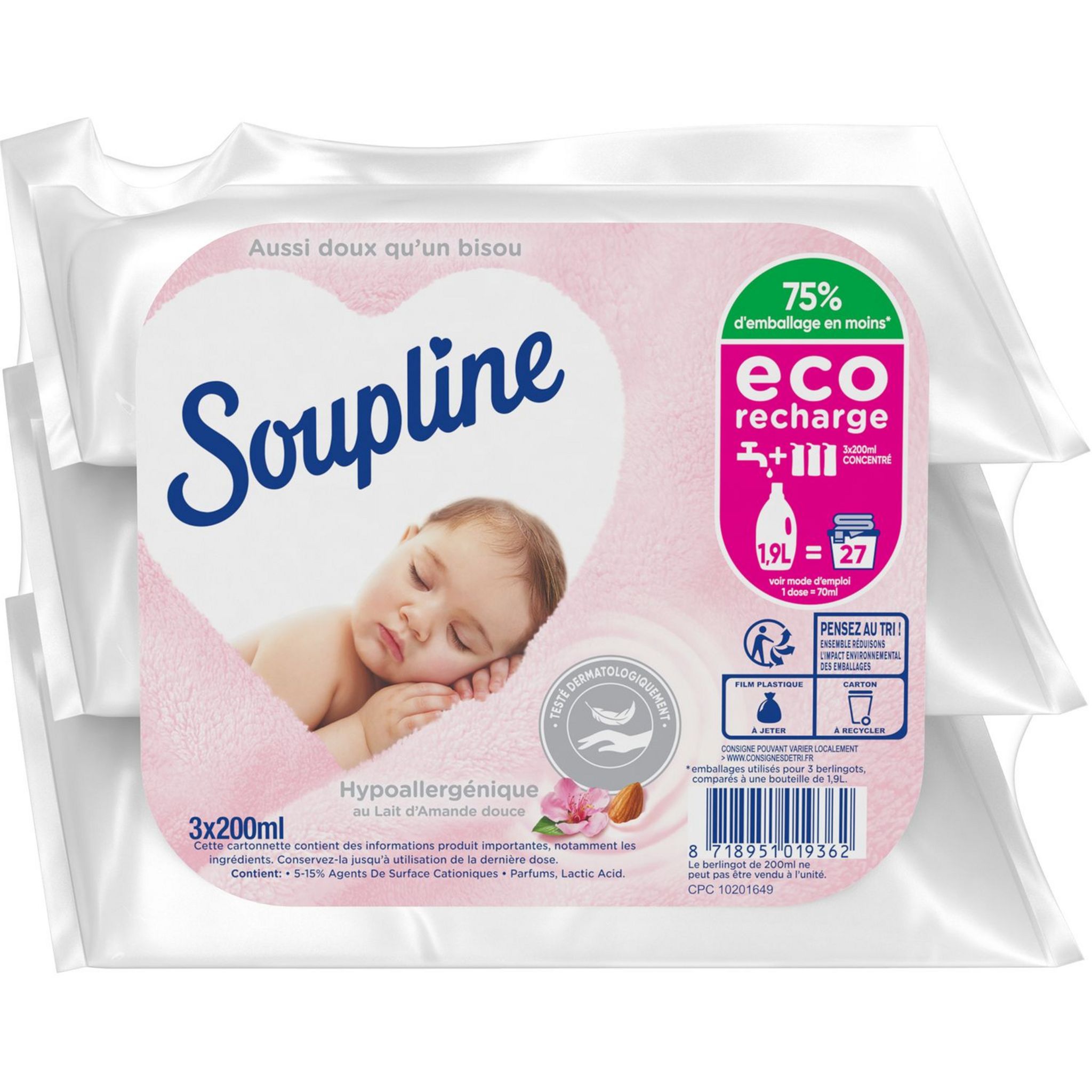 Soupline Adoucissant Hypoallergénique Doux Lait d'Amande - 4 x 1300 ml (224  lavages)