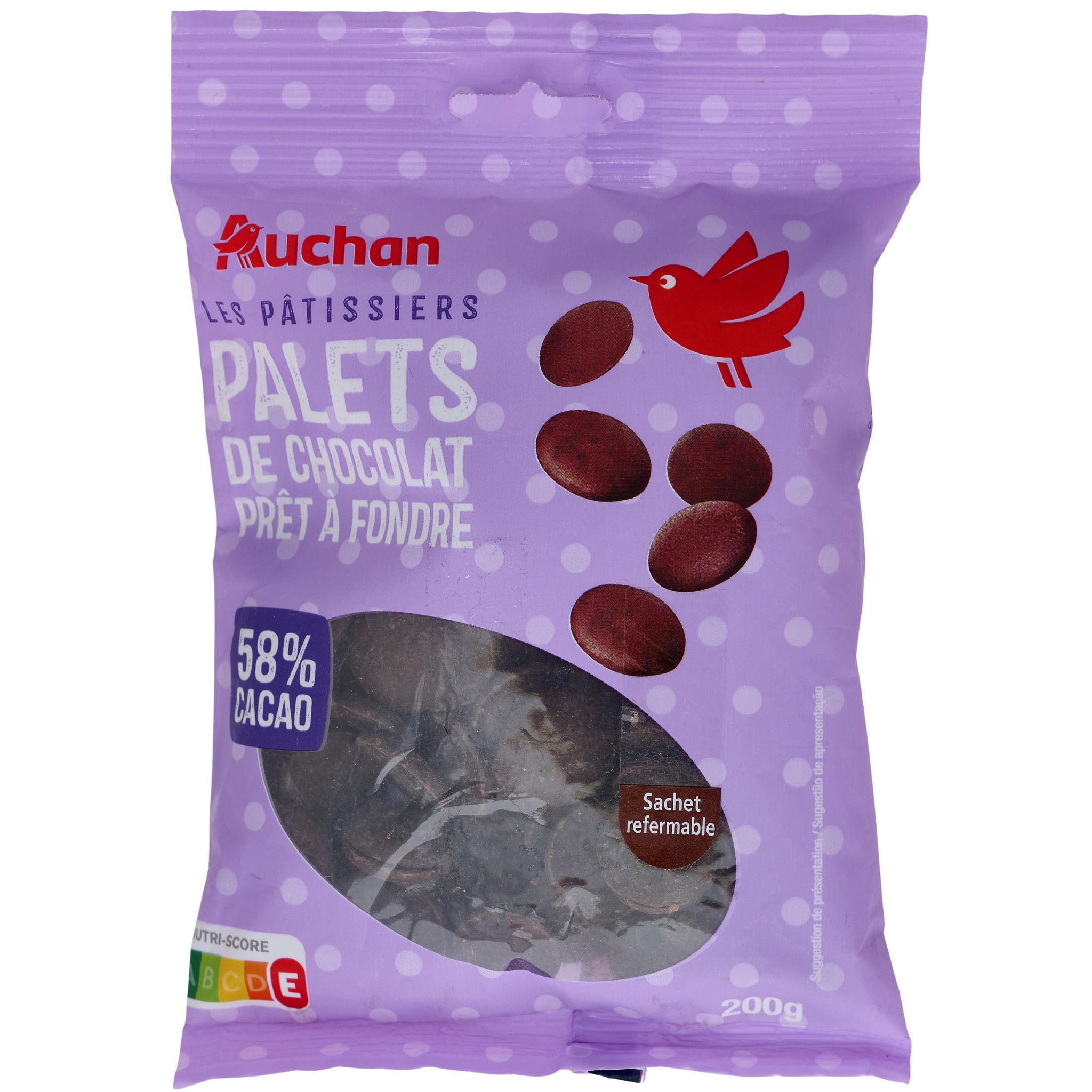 AUCHAN Palets au chocolat prêt à fondre sachet refermable 200g pas