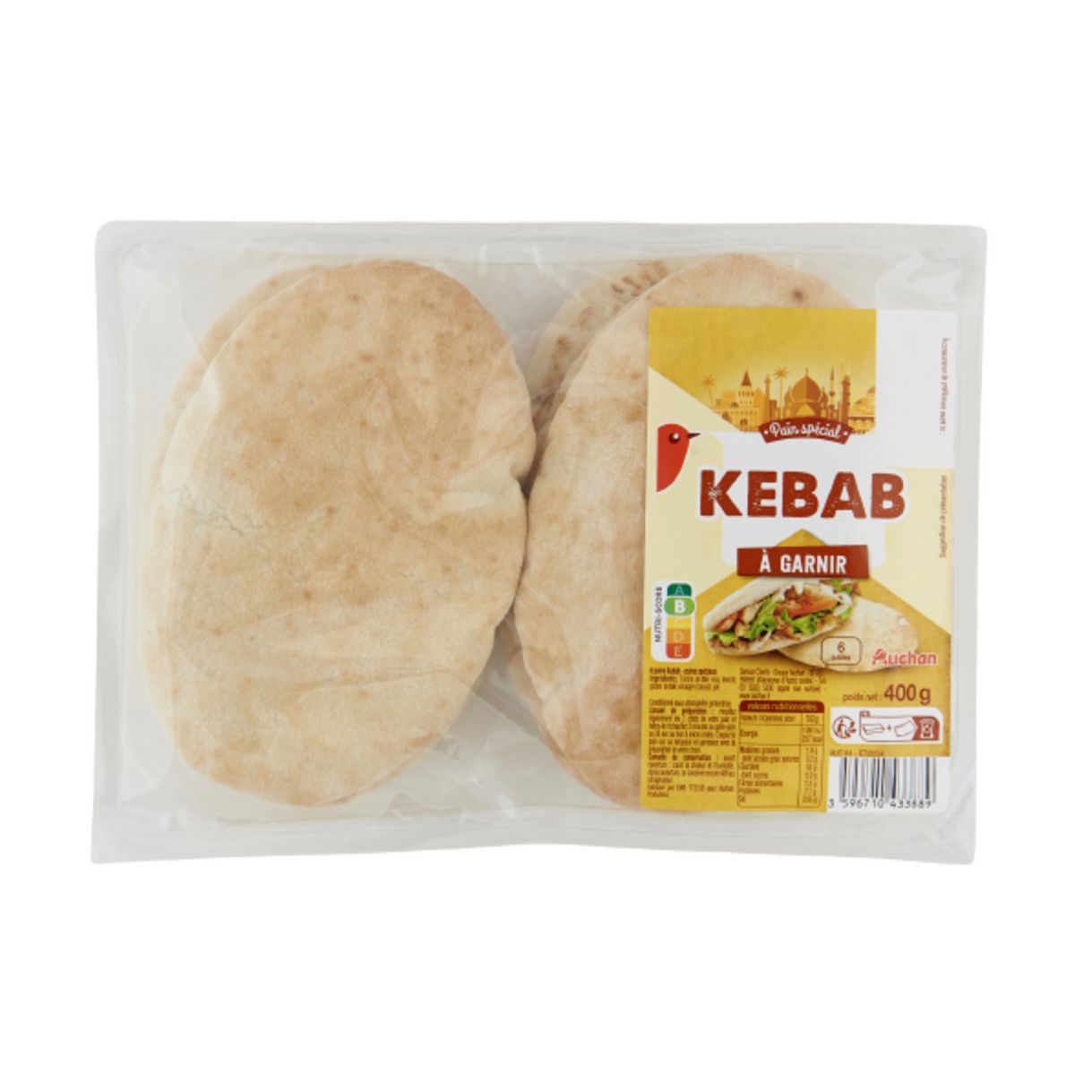 AUCHAN Pain Kebab à garnir 6 pièces 400g