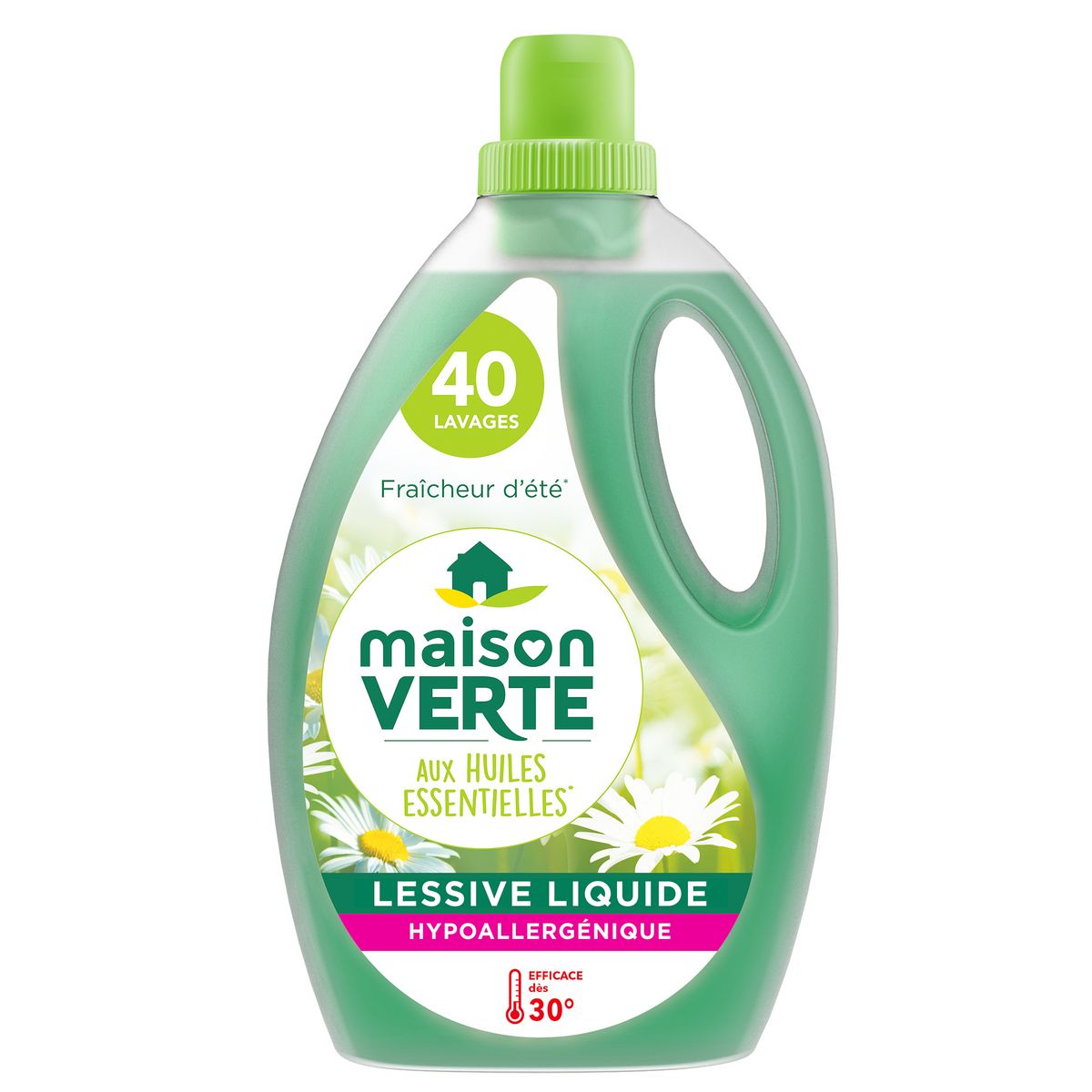 MAISON VERTE Lessive liquide hypoallergénique aux huiles essentielles  fraîcheur d'été 40 lavages 2,4l pas cher 