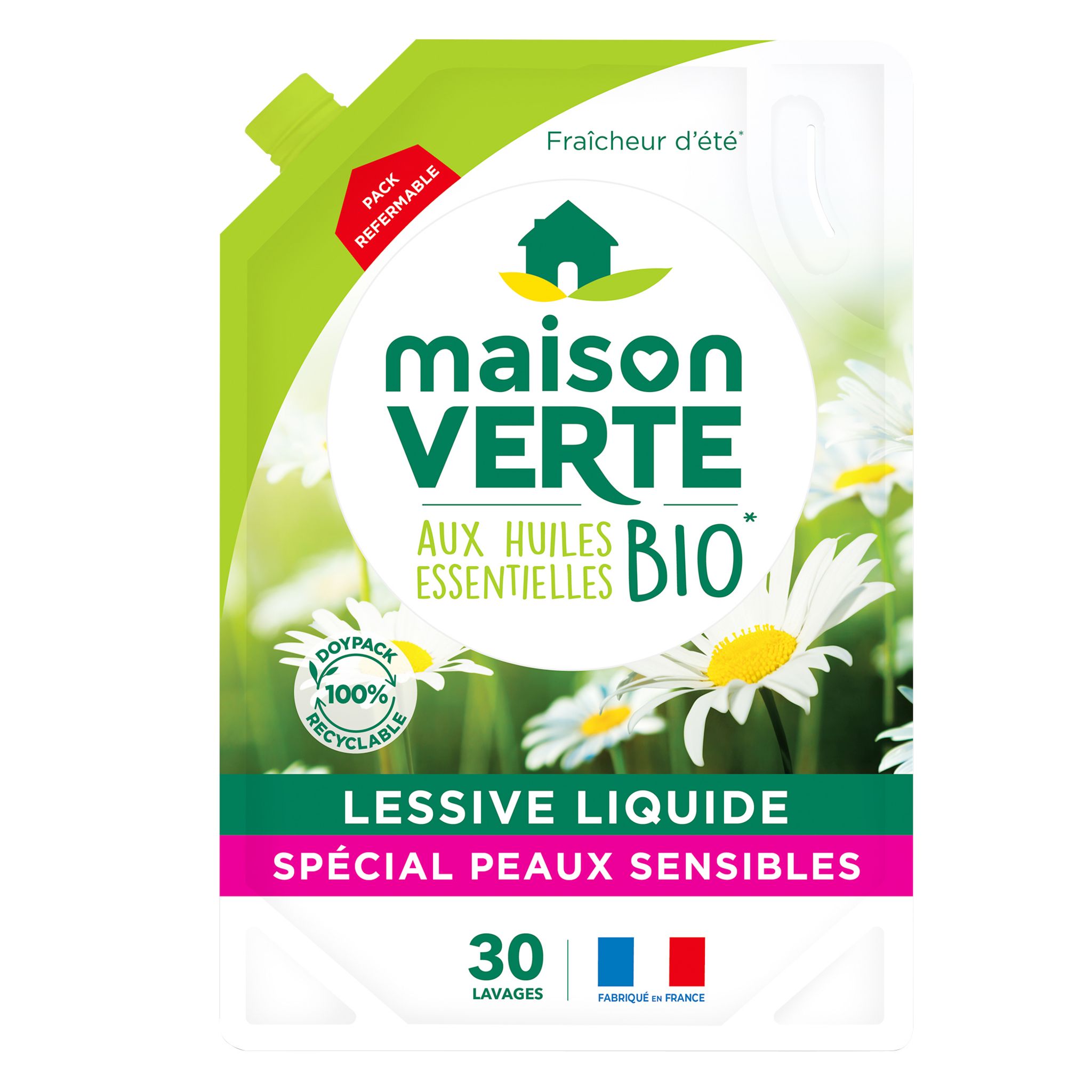 Maison Verte Lessive LiquideFraîcheur D'Été aux Huiles Essentielles BIO  Hypoallergénique Efficace Dès 30°Sur Fibres Coton et Synthétique Emballage  Recyclable Format 40 Lavages, 2,4L : : Epicerie