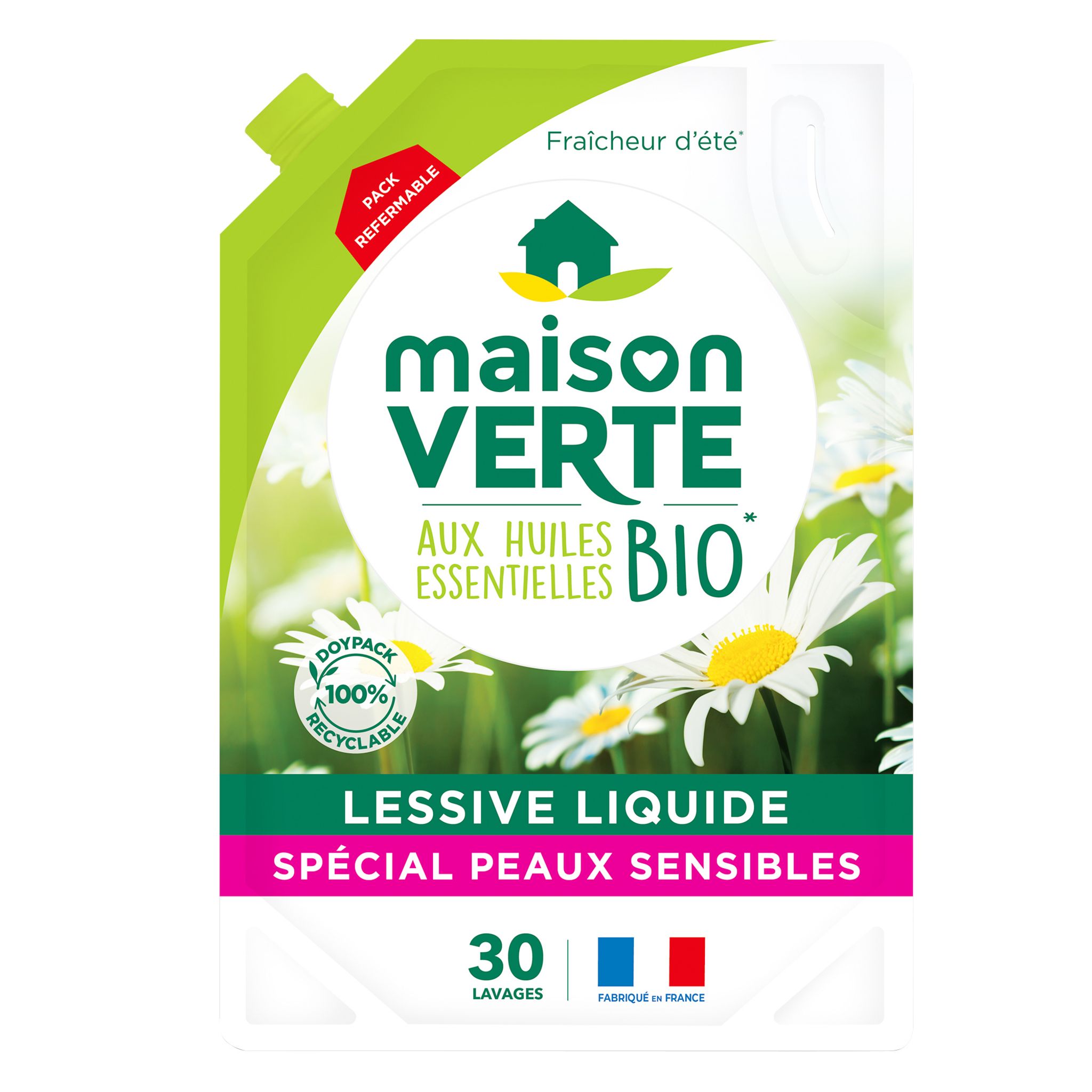 MAISON VERTE Lessive liquide aux huiles essentielles bio fraîcheur d'été  spécial peaux sensibles 30 lavages 1,8l pas cher 