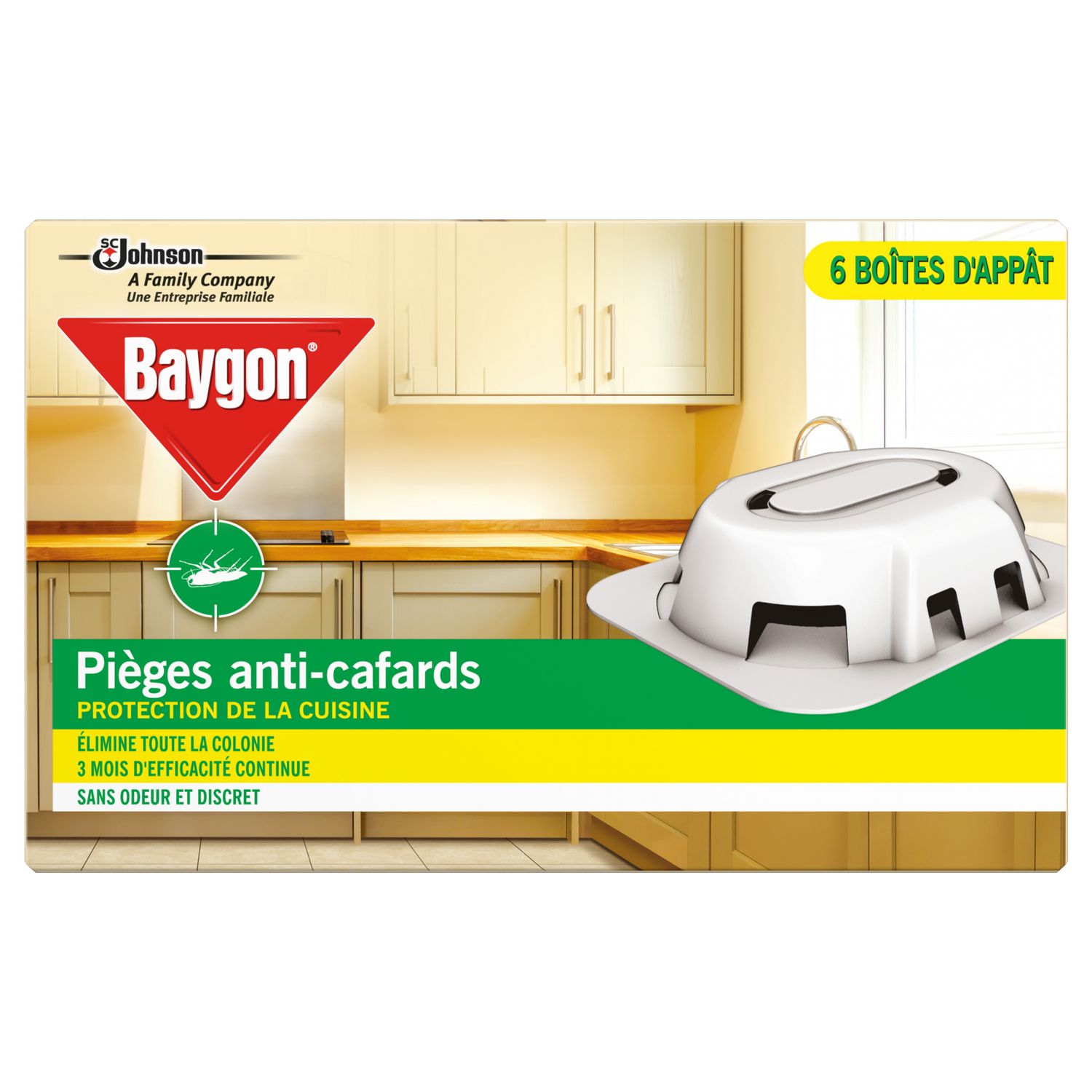 Baygon Pièges Anti-Cafard Boîtes d'Appât Efficacité 3 Mois Pack de 6 - Lot  de 4