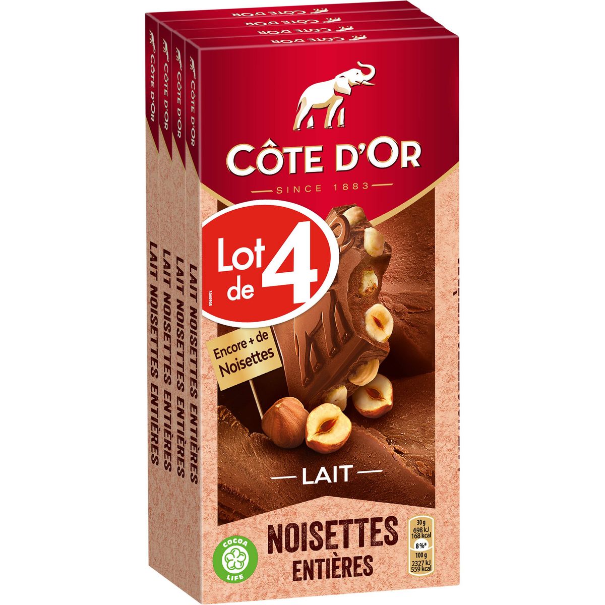 COTE D'OR Tablette de chocolat au lait noisettes entières 4 pièces