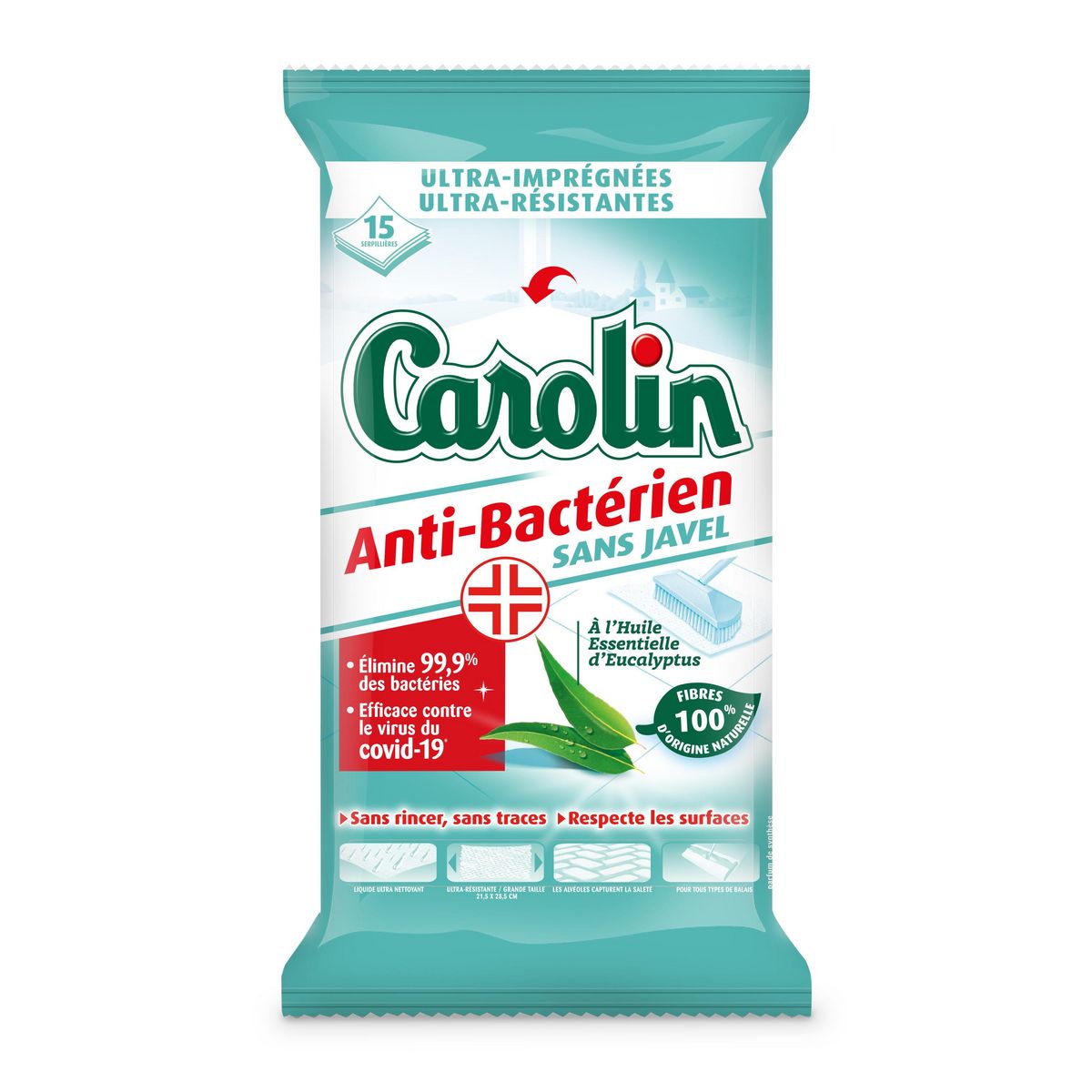 CAROLIN Lingettes anti-bactérienne sans javel à l'eucalyptus 15 lingettes  pas cher 