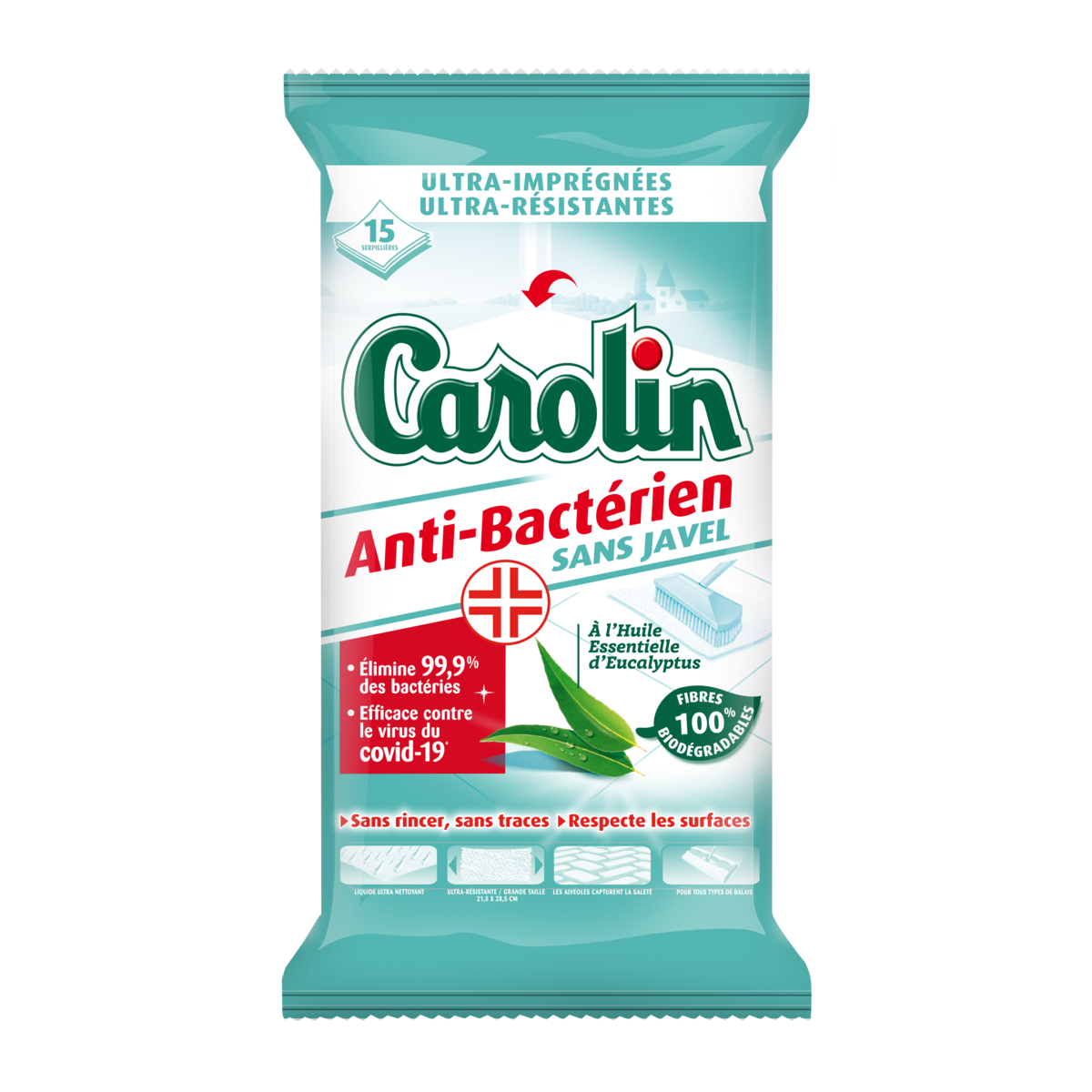 CAROLIN Lingettes anti-bactérienne sans javel à l'eucalyptus 15 lingettes  pas cher 