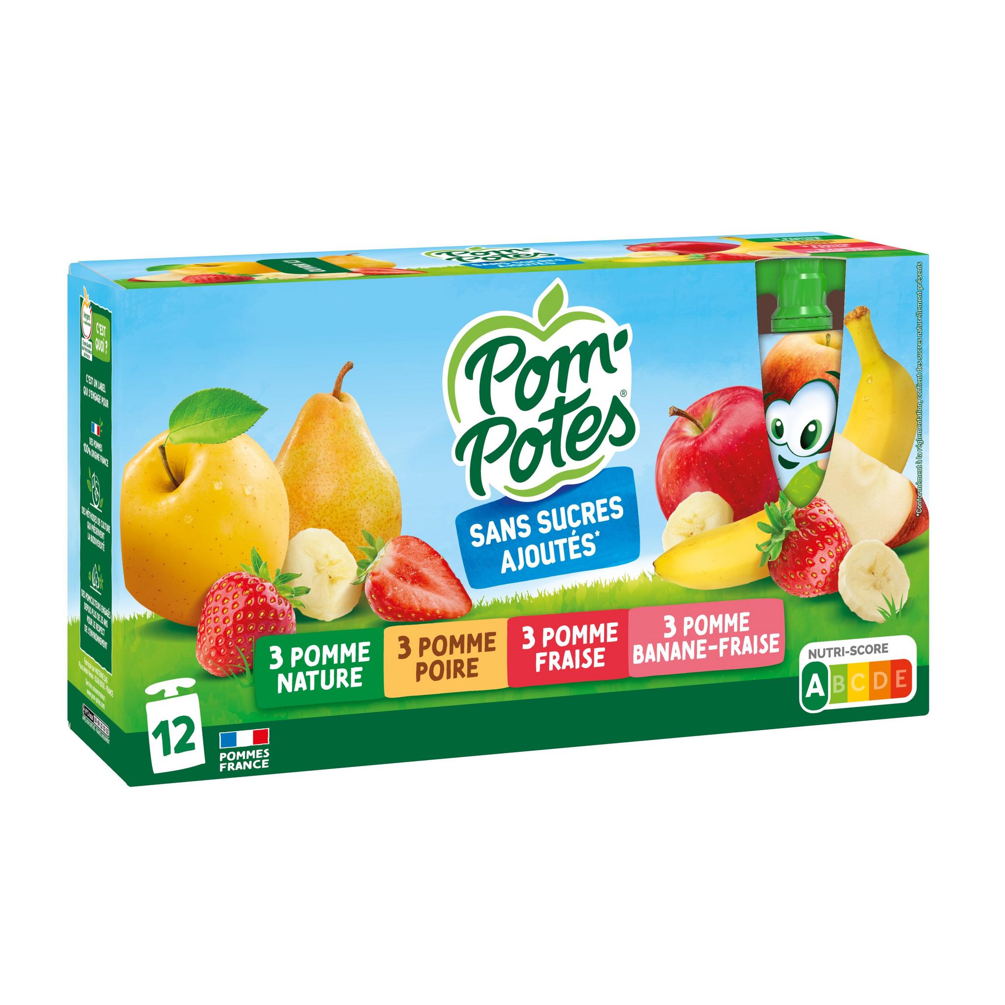 POM'POTES Gourde compote de pomme pomme fraise et pomme framboise sans  sucres ajoutés 64+32 offertes 96x90g pas cher 