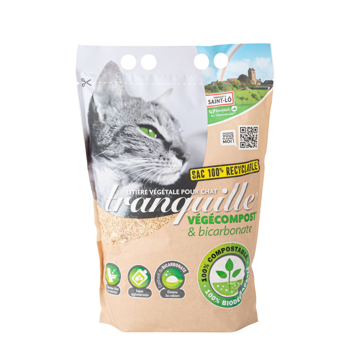 TRANQUILLE Litière végétale végécompost et biocarbonate pour chat 4l
