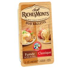 RICHESMONTS Fromage à raclette nature et fumé 2x8 tranches 420g