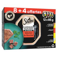 SHEBA Barquettes terrines pâtée canard jambon boeuf poulet pour chat 12x85g