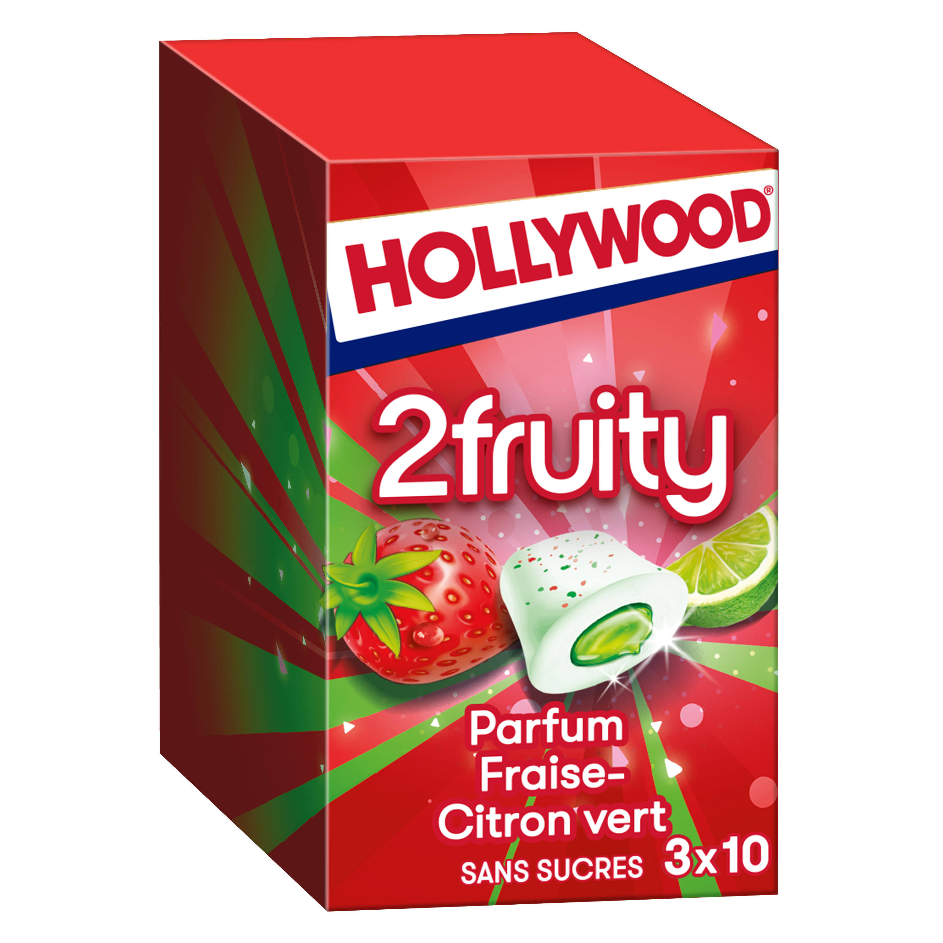 HOLLYWOOD 2fruity chewing-gums sans sucres fraise citron vert 3x10 dragées  66g pas cher 