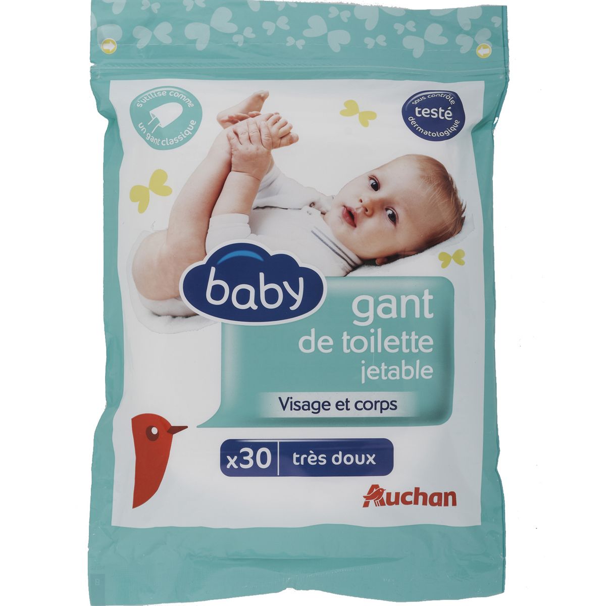 AUCHAN BABY Gants de toilettes jetables très doux visage et corps