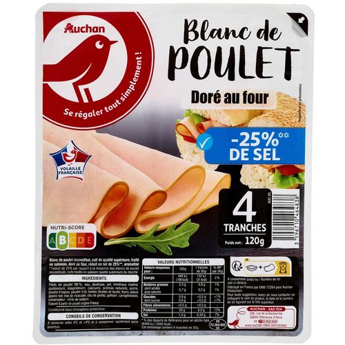 AUCHAN Blanc de poulet 8 tranches 240g pas cher 