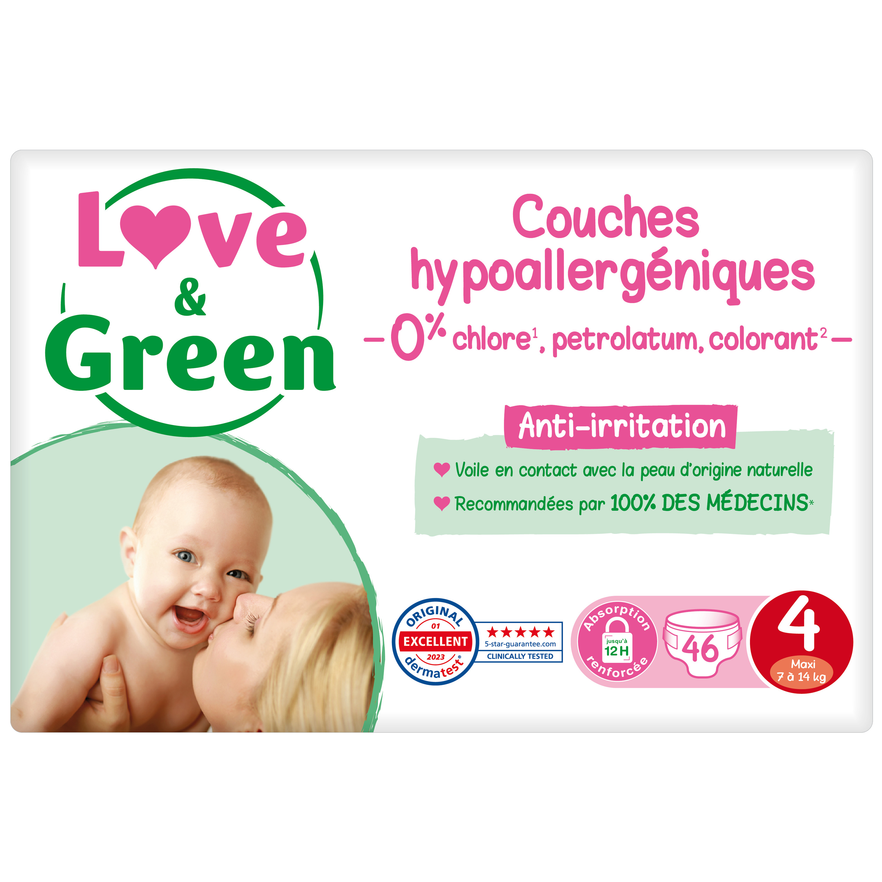 LOVE & GREEN Couches écologiques taille 4 (7-14 kg) 46 couches pas cher 