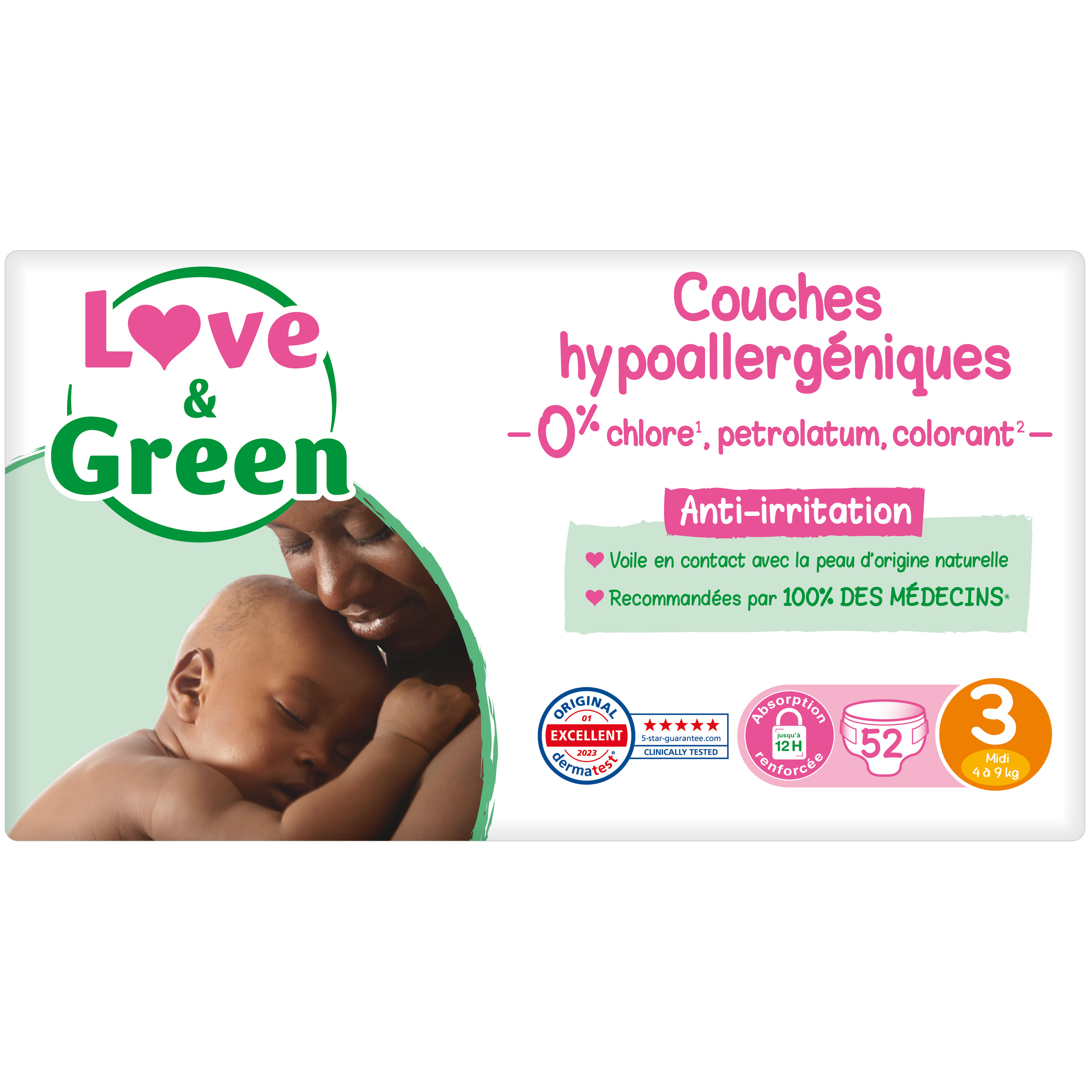 LOVE & GREEN Couches écologiques taille 3 (4-9kg) 52 couches pas cher 