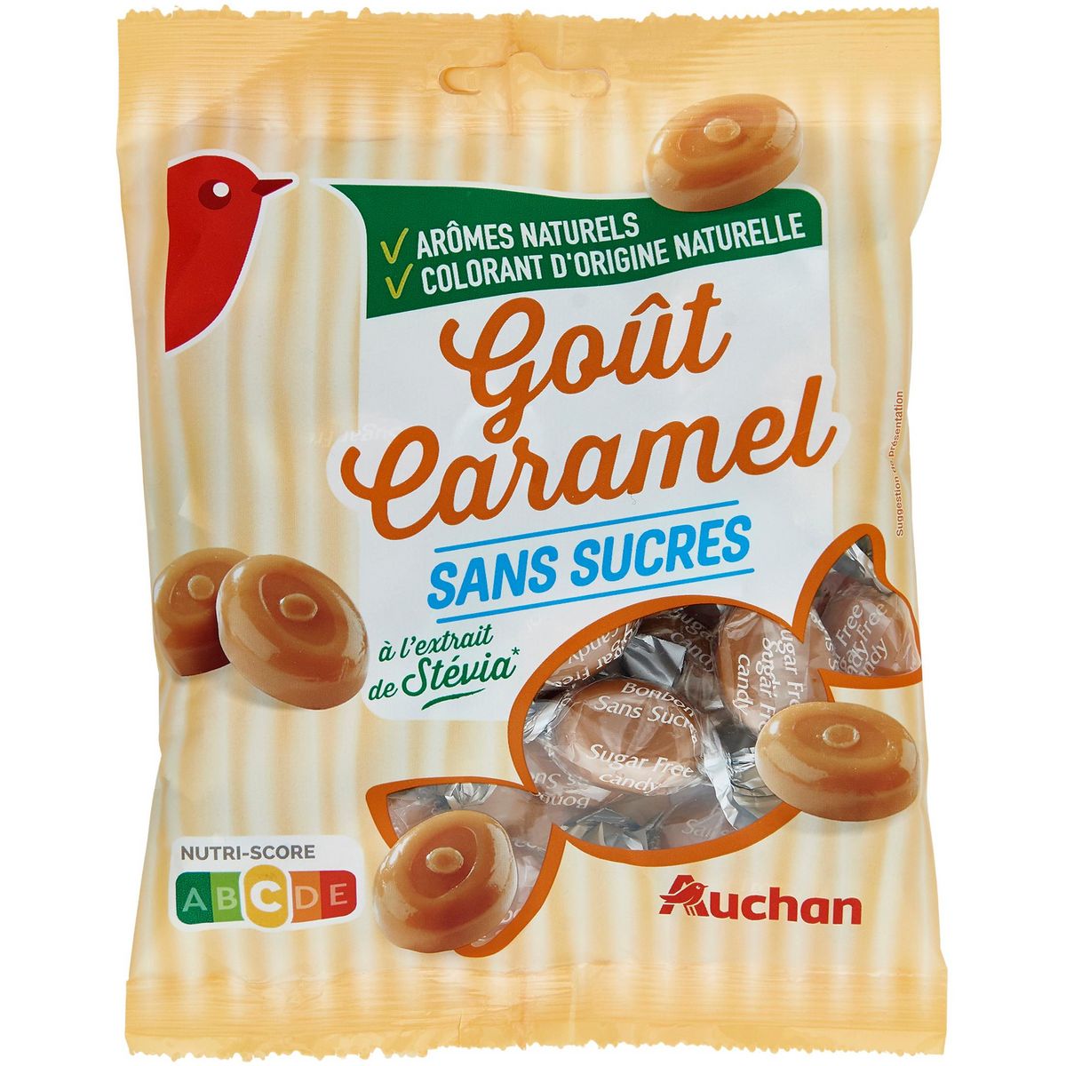 AUCHAN Bonbons au caramel sans sucres à la stévia 24 bonbons 120g