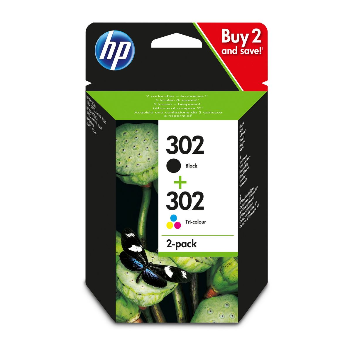 HP 302 Pack de 2 Cartouches d'encre Noir et Trois Couleurs Authentiques (X4D37AE)