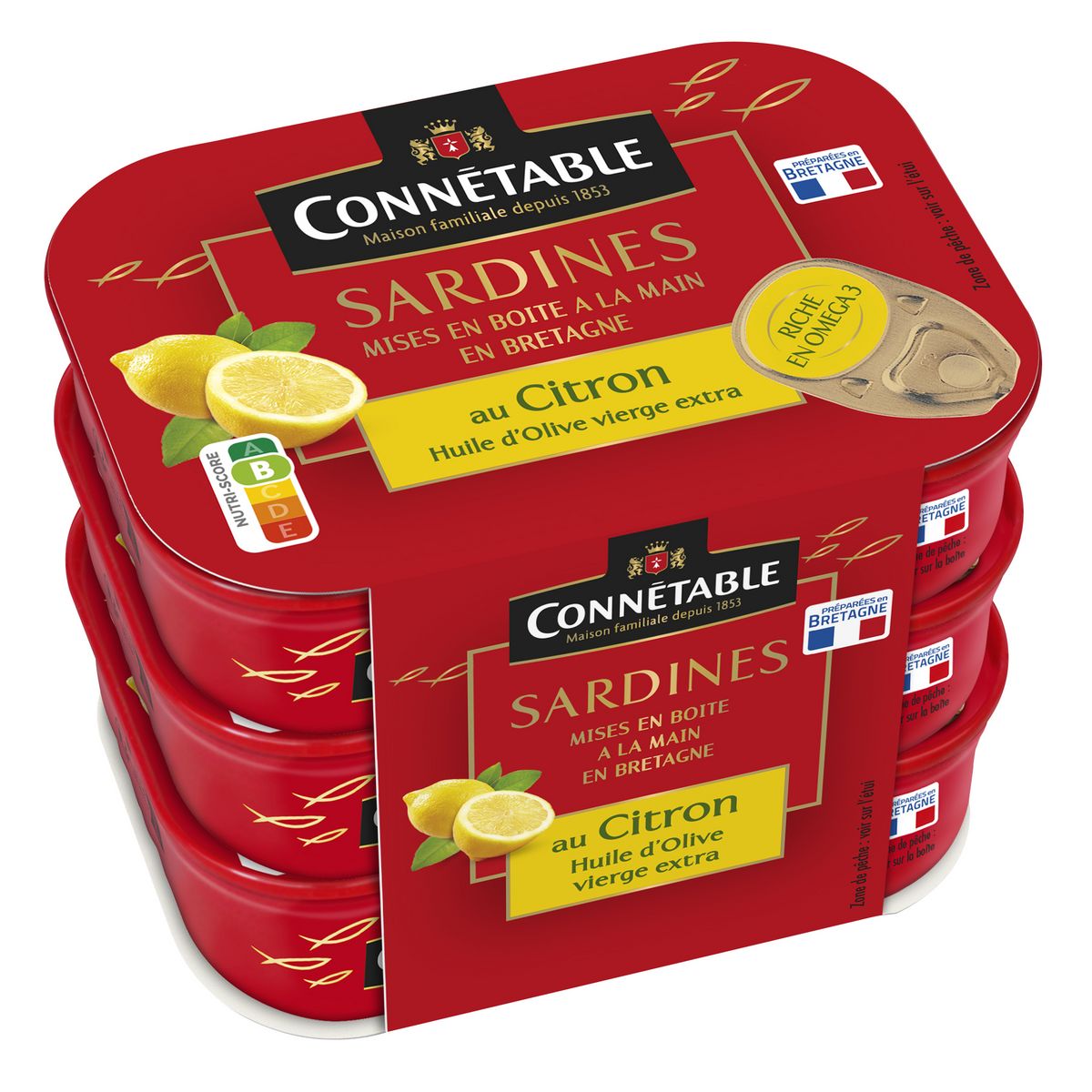 CONNETABLE Sardines préparées à la main à l'huile d'olive vierge et au citron 3x135g