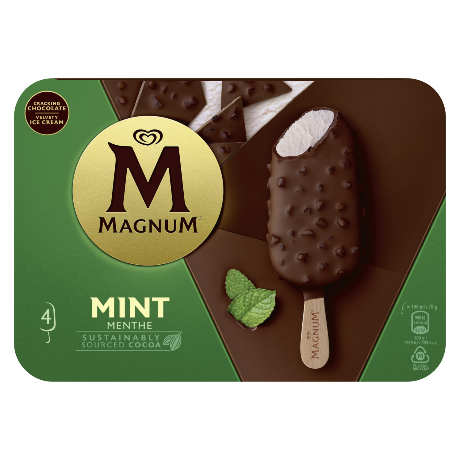 MAGNUM Bâtonnet glacé menthe enrobé de chocolat au lait 4 pièces