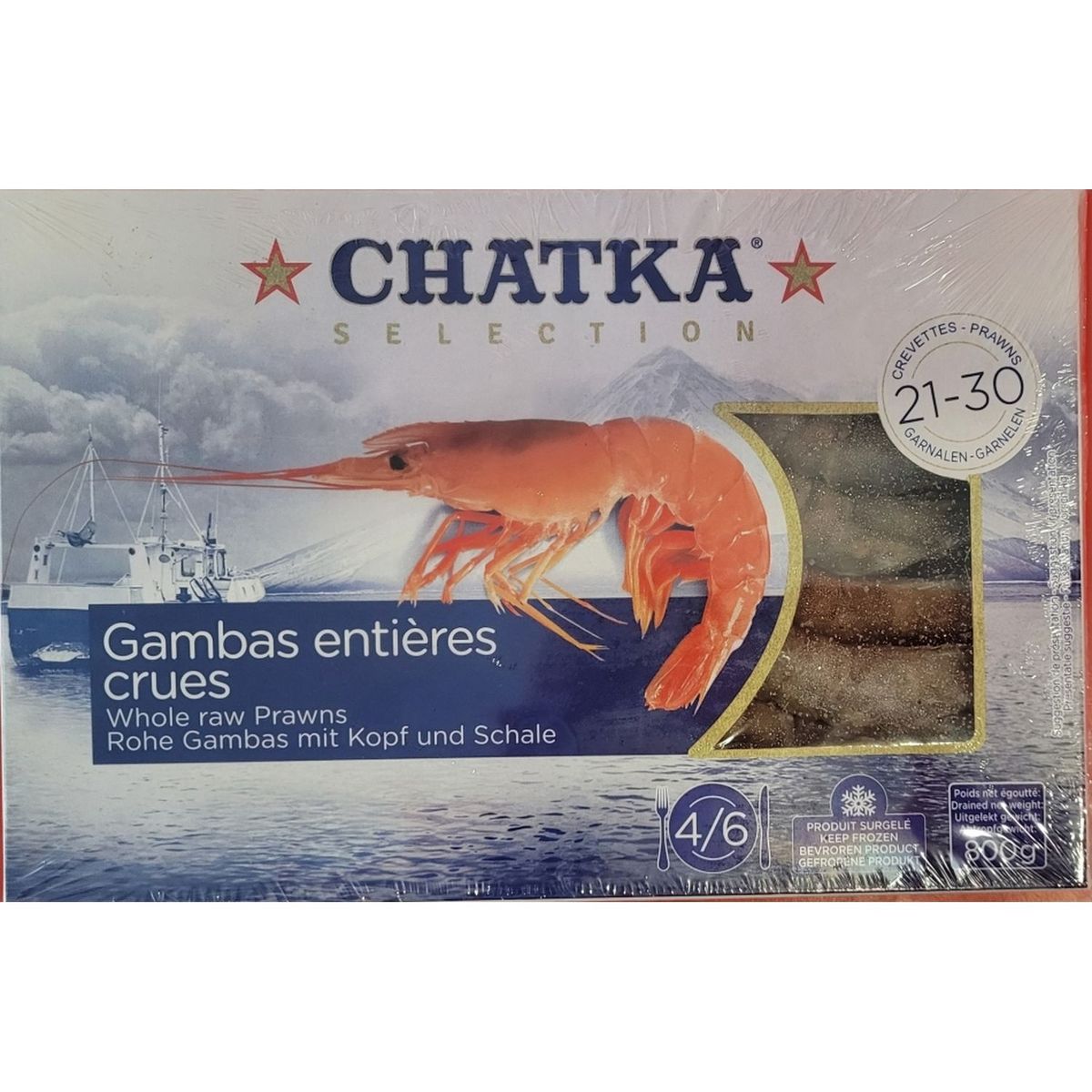 CHATKA Crevettes sauvages de Patagonie crues entières 4-6 portions 800g