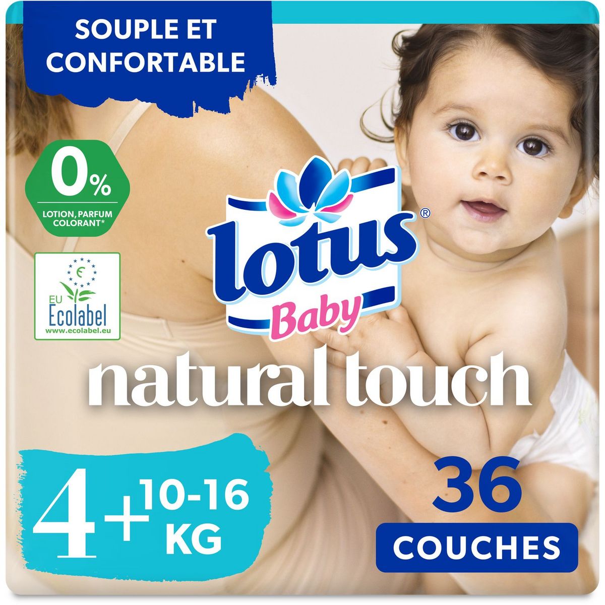 Couches bébé taille 4+ : 10-16 kg natural touch LOTUS BABY : le paquet de  36 couches à Prix Carrefour