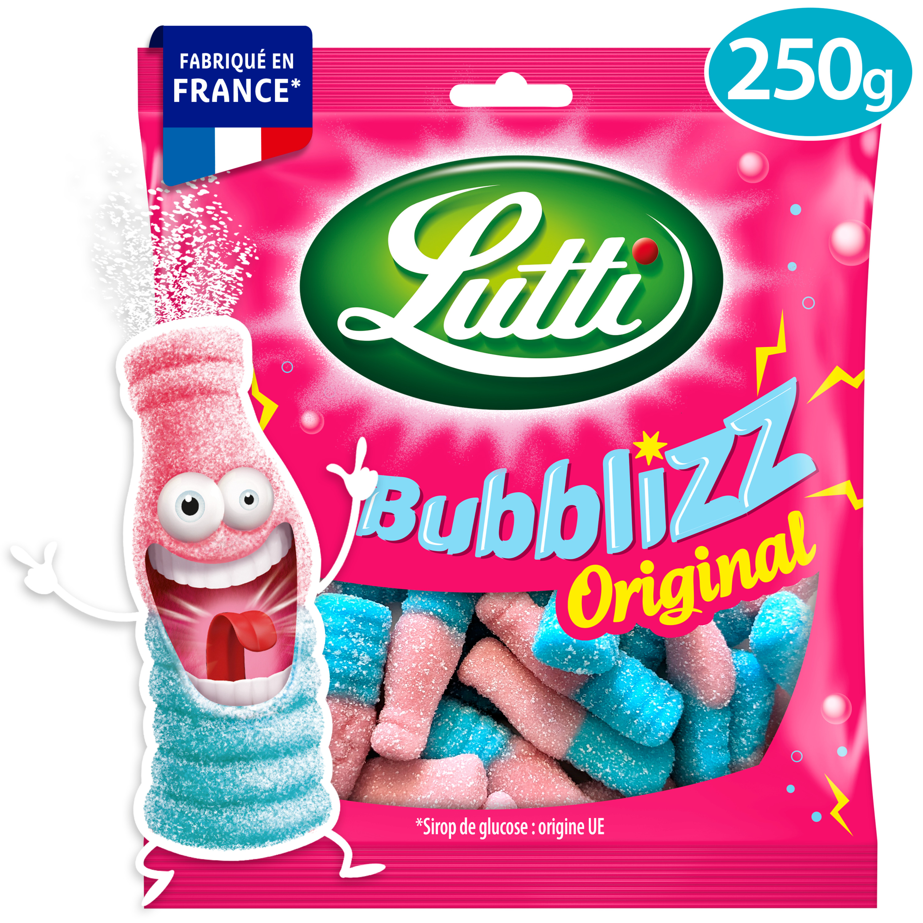 Bubblizz, bouteille Lutti rose et bleue, sachet de 100gr