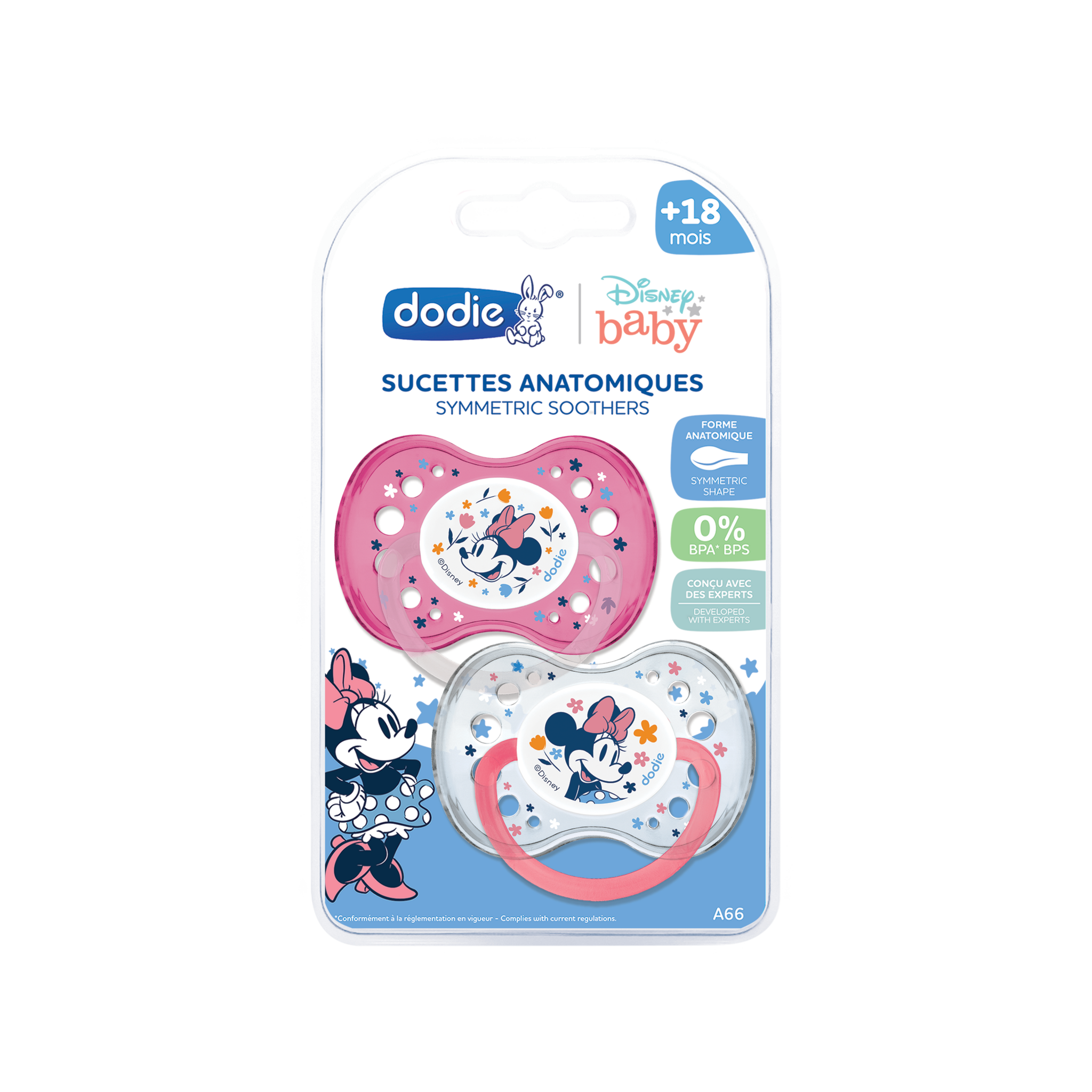 Dodie Sucette Anatomique Silicone +18 mois Minnie A66, lot de 2 sucettes