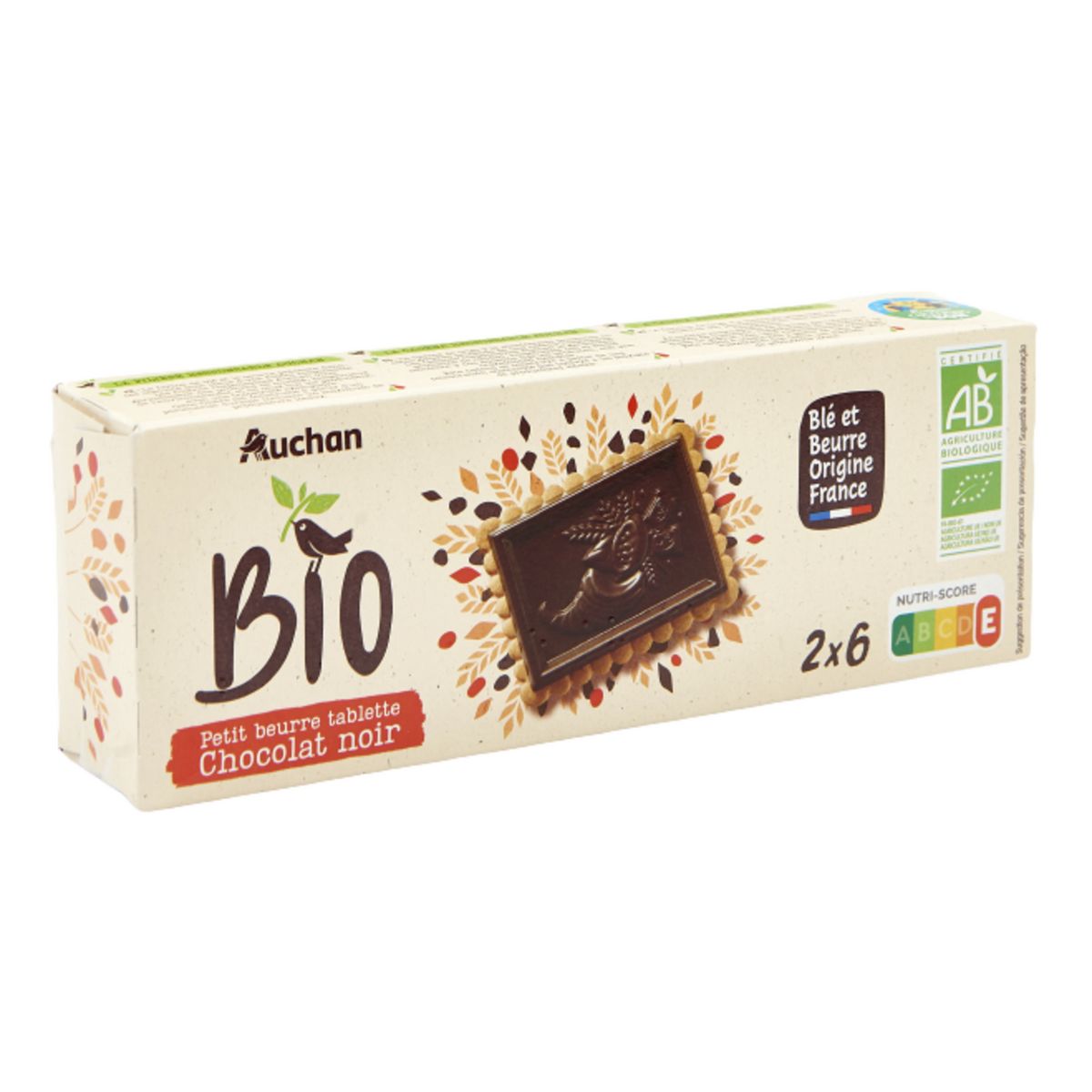 AUCHAN BIO CULTIVONS LE BON Biscuits petit beurre avec tablette de chocolat noir  12 biscuits 150g