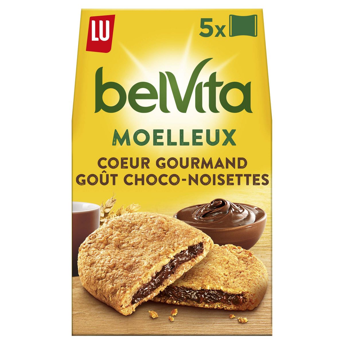 BELVITA Biscuits petit-déjeuner moelleux cœur chocolat noisette, sachets individuel 5 biscuits 250g