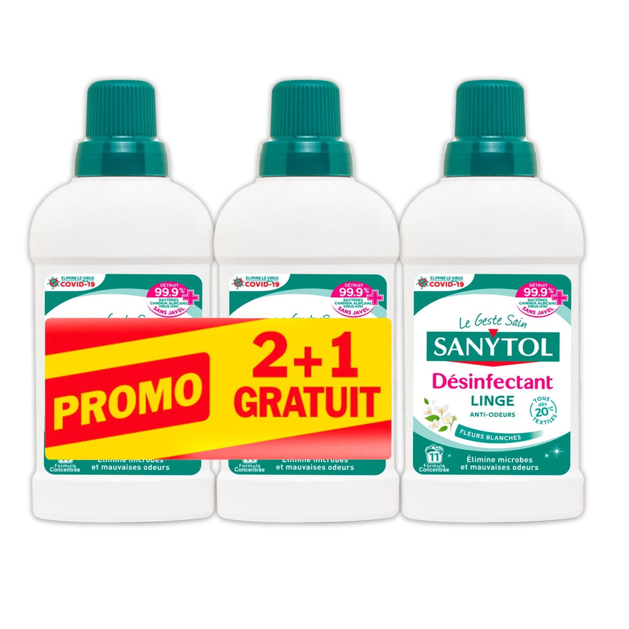 SANYTOL Désinfectant du linge fleurs blanches anti-odeurs 3x500ml pas cher  