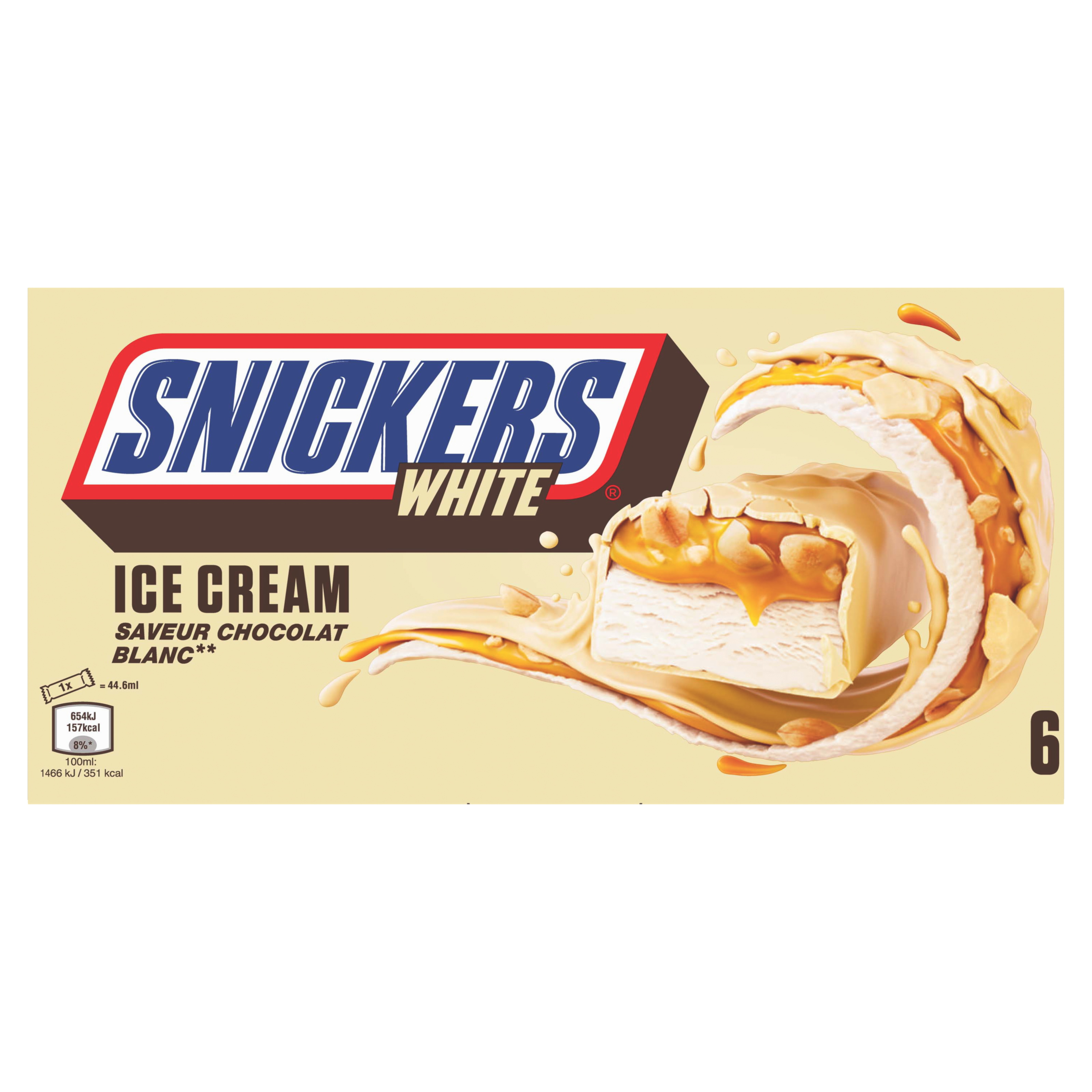 SNICKERS Barre glacée au chocolat blanc, caramel et cacahuètes 6 pièces  245g pas cher 