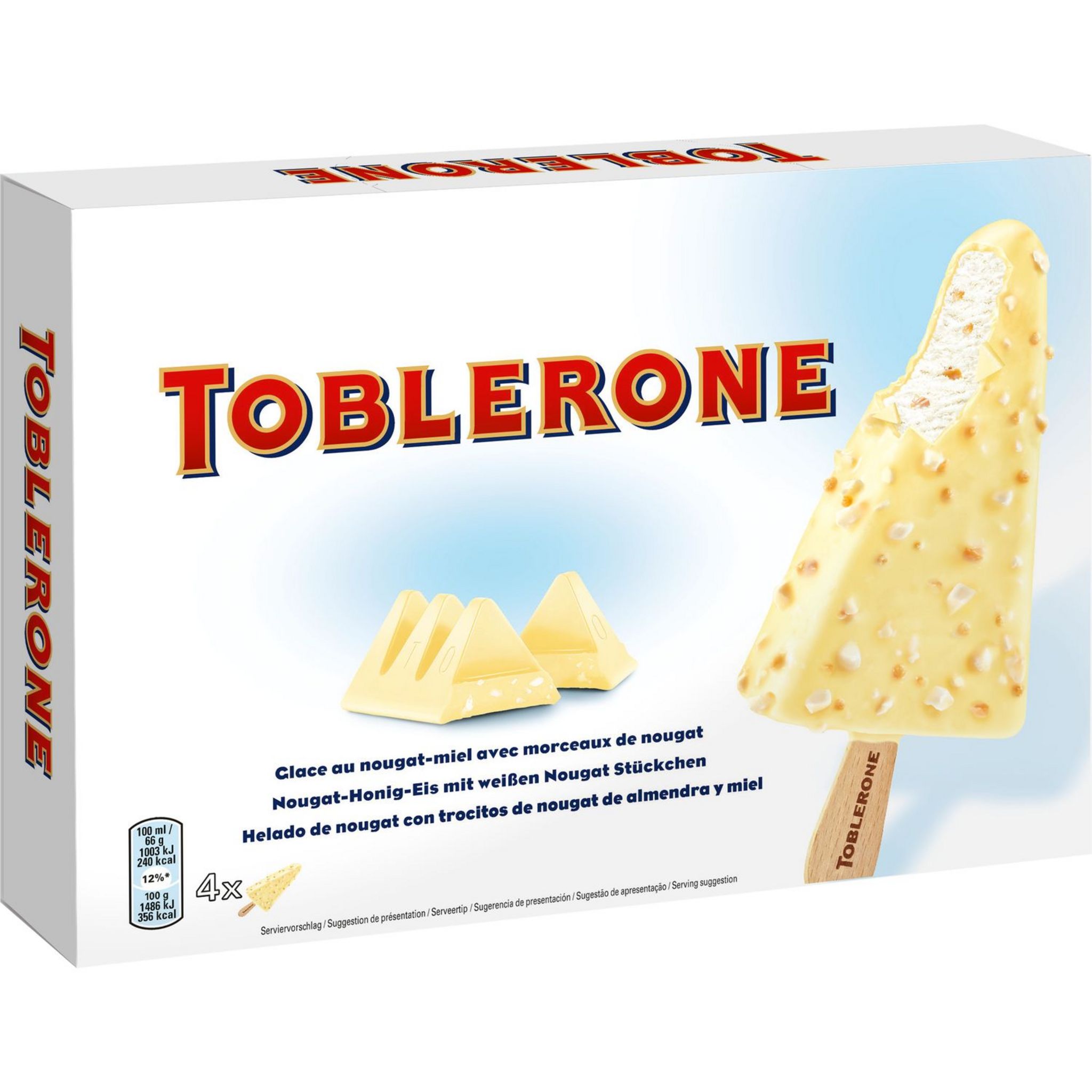 TOBLERONE Bâtonnet galcé au nougat et miel enrobés de chocolat blanc 4  pièces 264g pas cher 