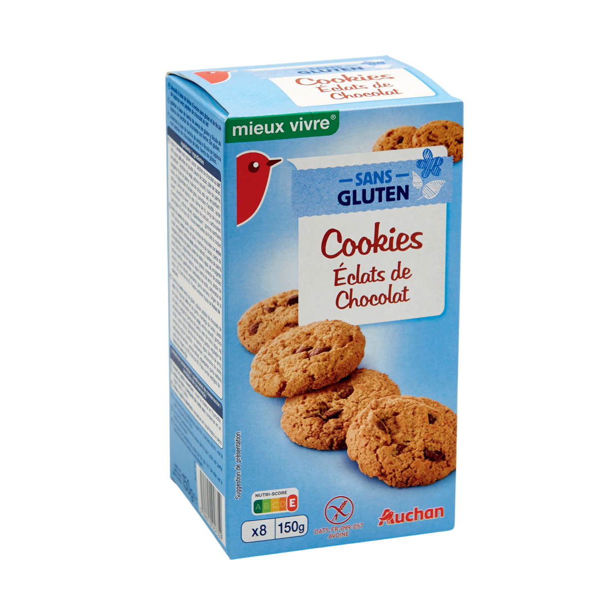 AUCHAN MIEUX VIVRE Cookies éclats de chocolat sans gluten 8 cookies 150g  pas cher 