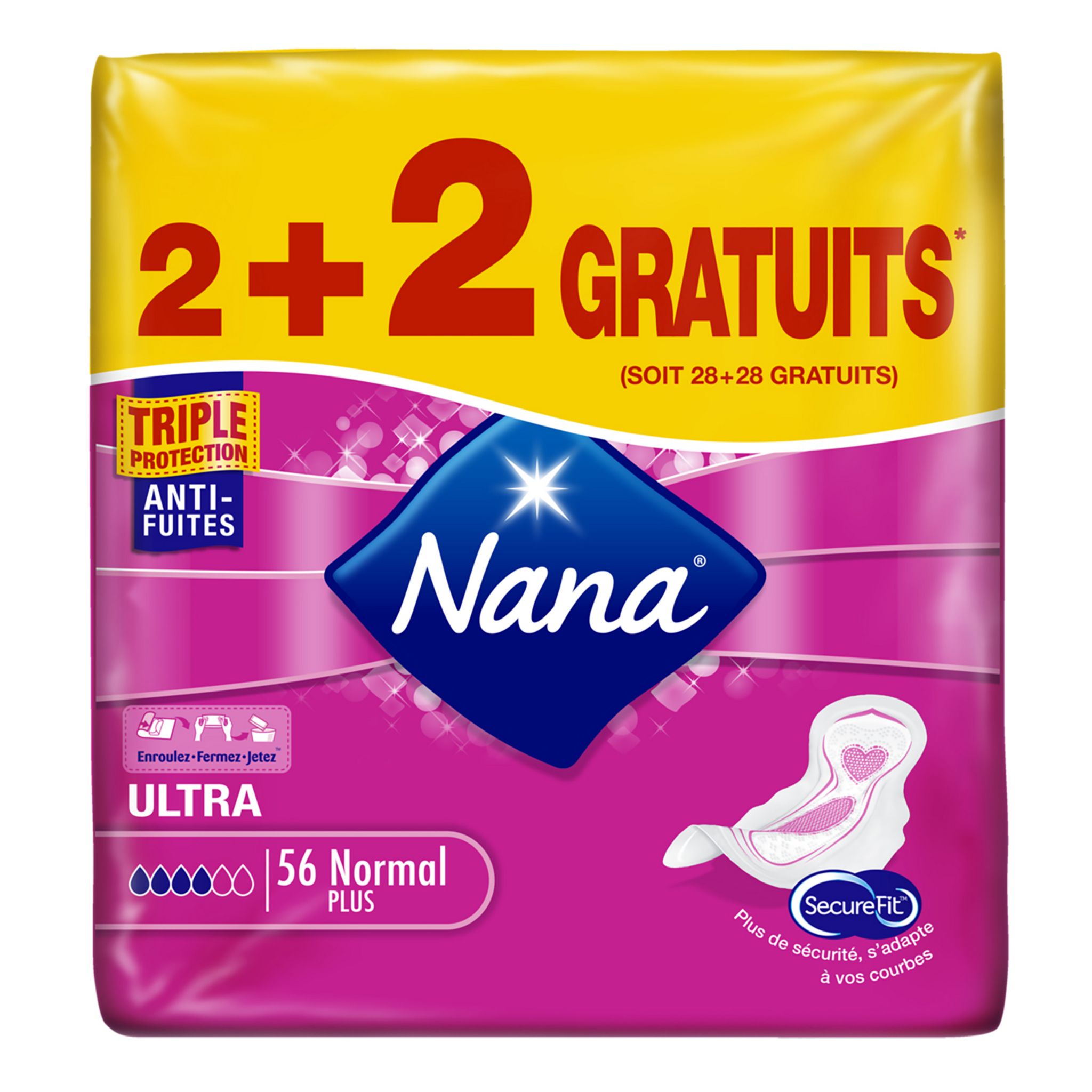 NANA Serviettes hygiéniques avec ailettes ultra normal plus 56 serviettes  2x14 + 2x14 offerts pas cher 